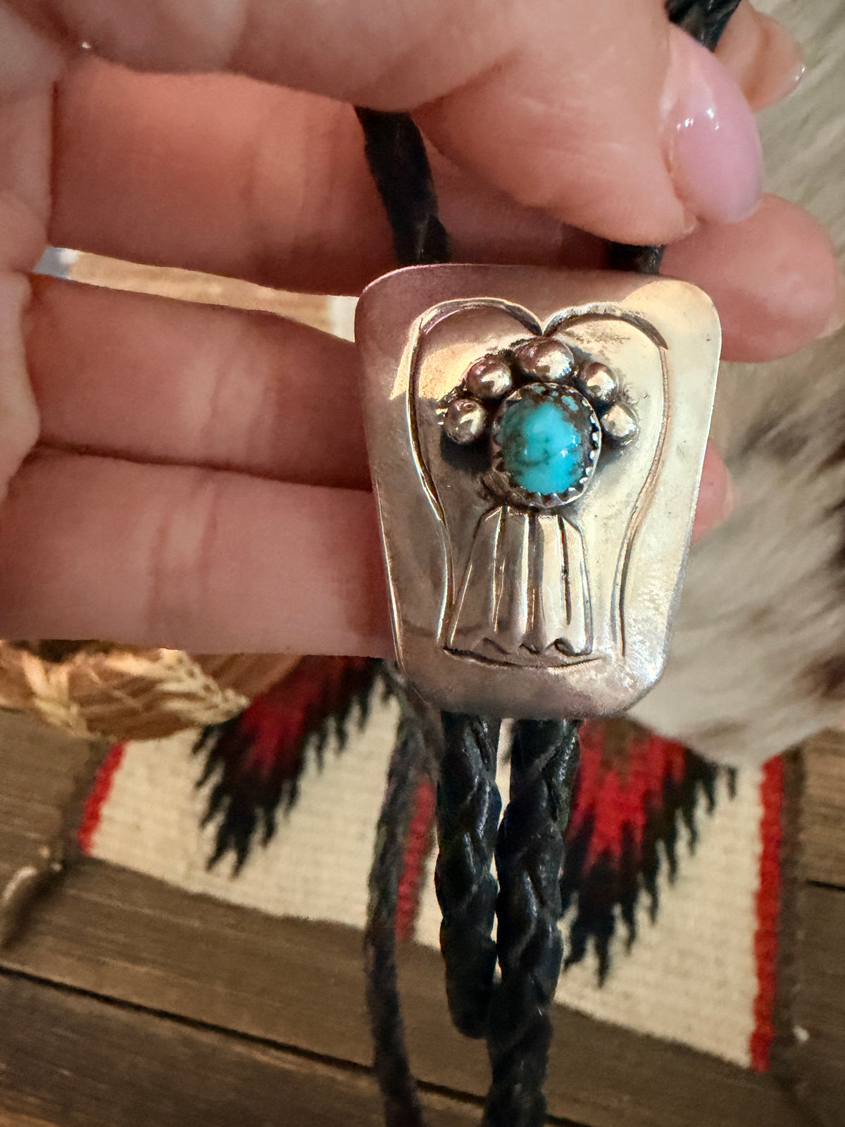 Handcrafted Vintage Old Pawn Sterling Silver & Turquoise Bolo Tie