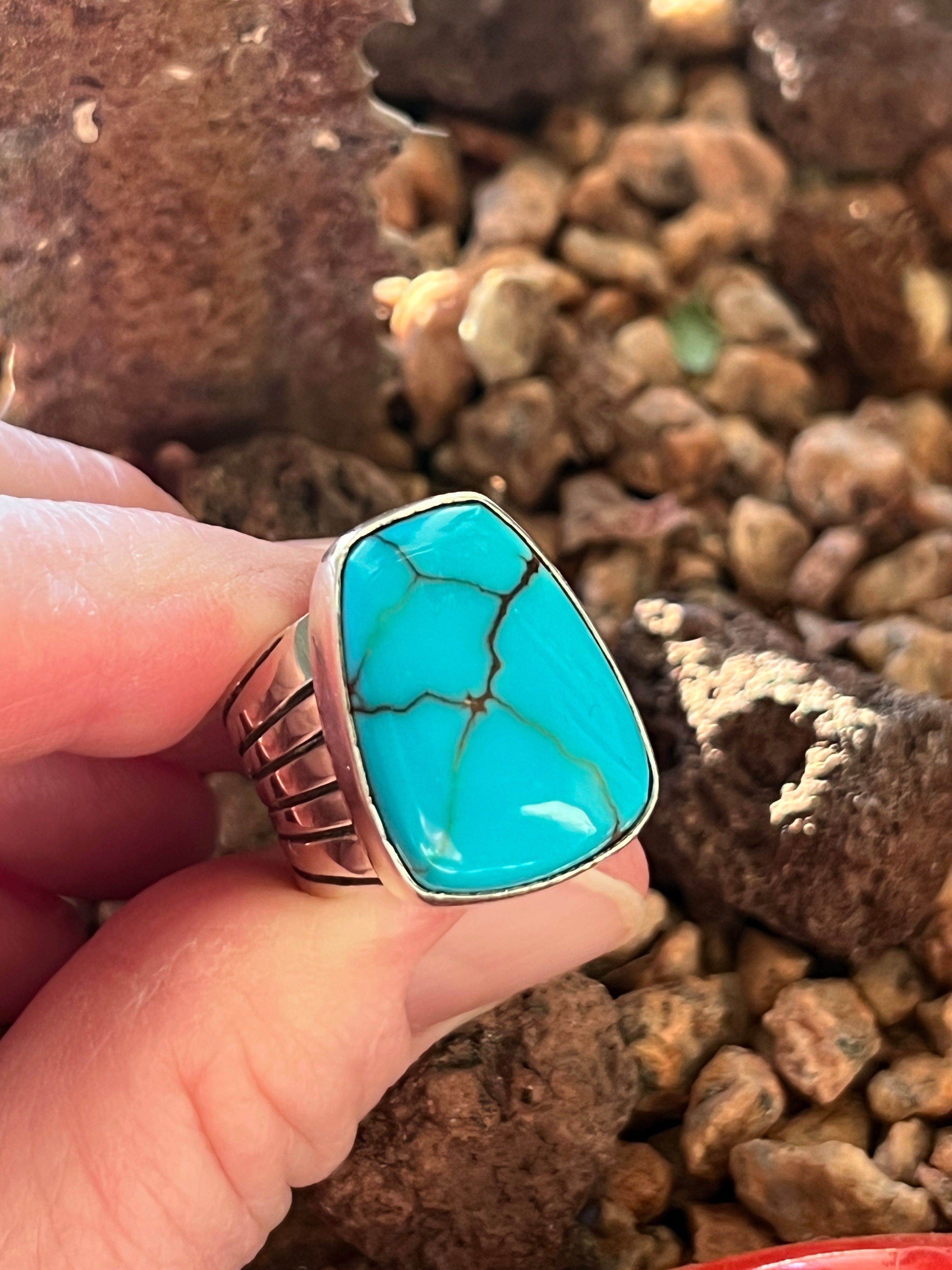 Handcrafted Hand Stamped Sterling Silver and Egyptian Turquoise Wide Shank Ring by Shaun Rogers, Size 8.25