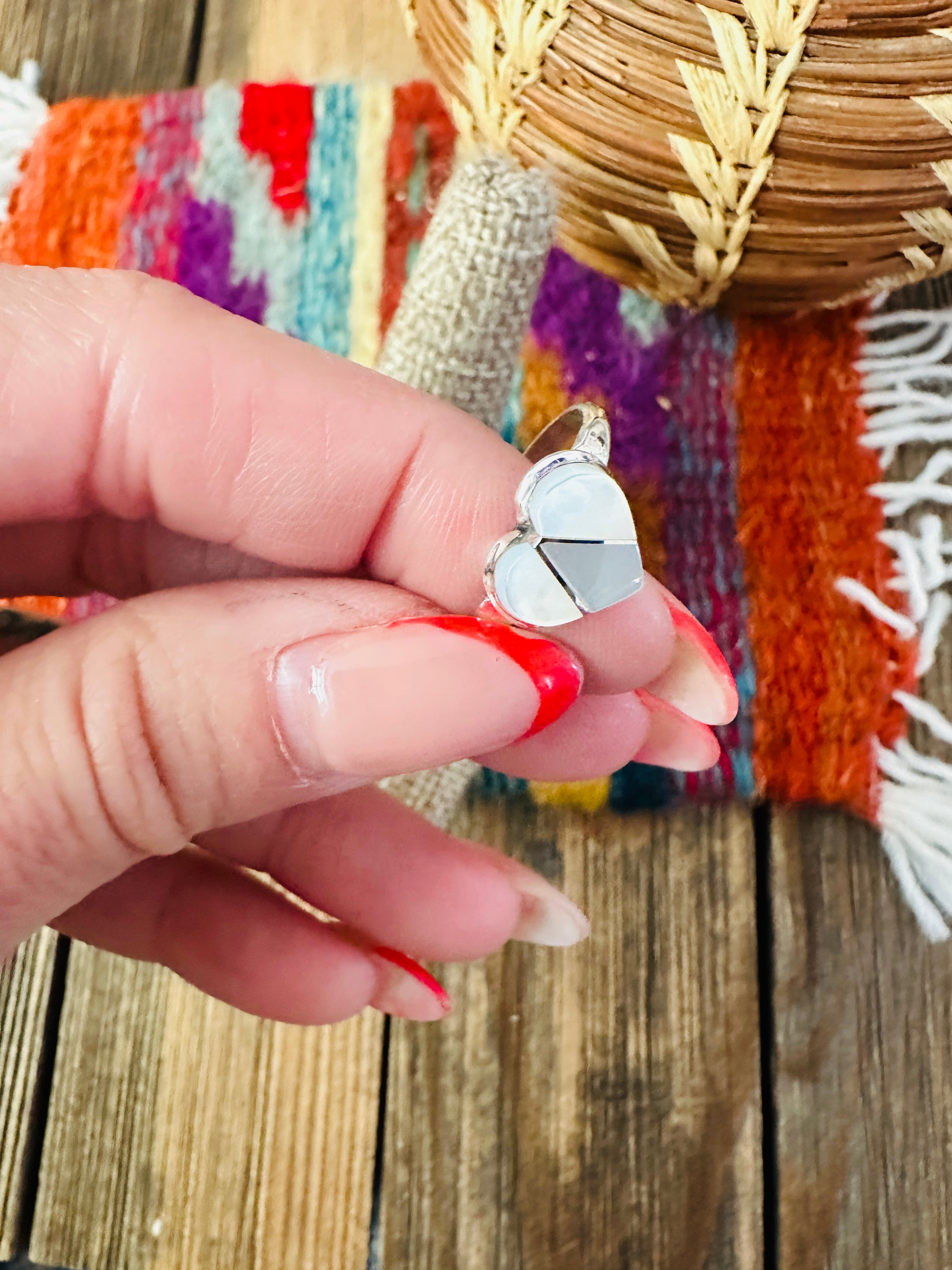 Handcrafted Mother of Pearl & Sterling Silver Inlay Heart Ring Size 6