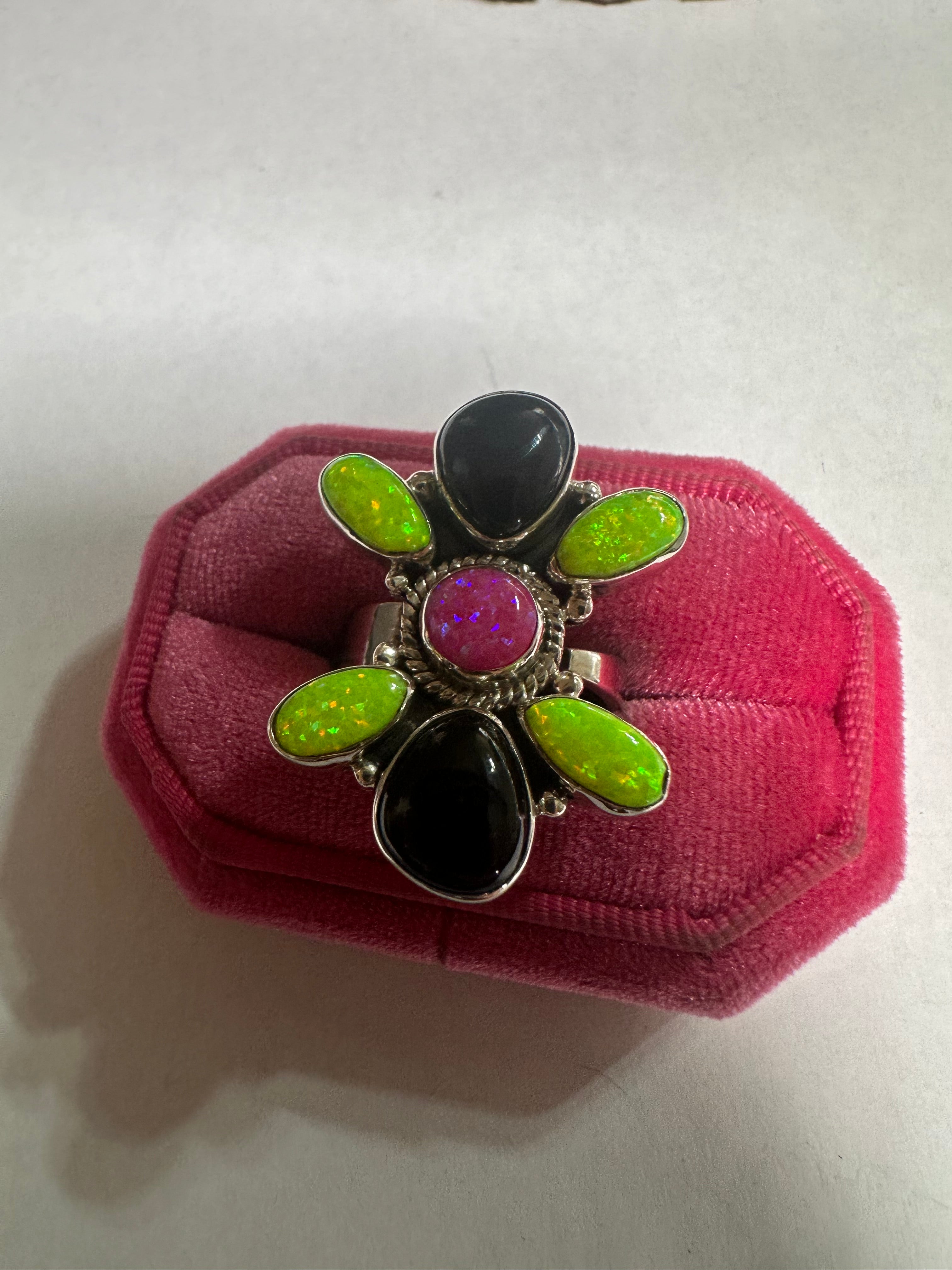 Handmade Fire Opal, Onyx & Sterling Silver Adjustable Ring