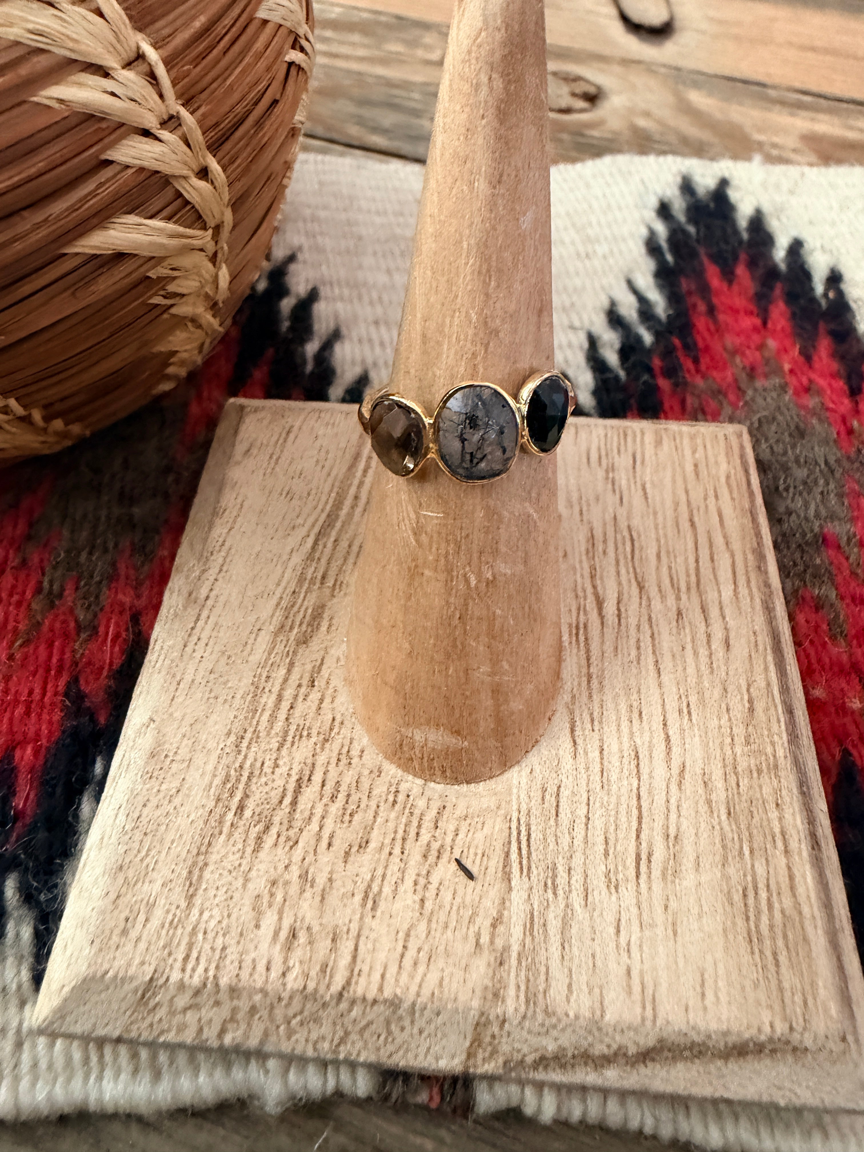 Handmade 18K Gold Vermeil Sterling Silver & Multi Stone Ring Size 6