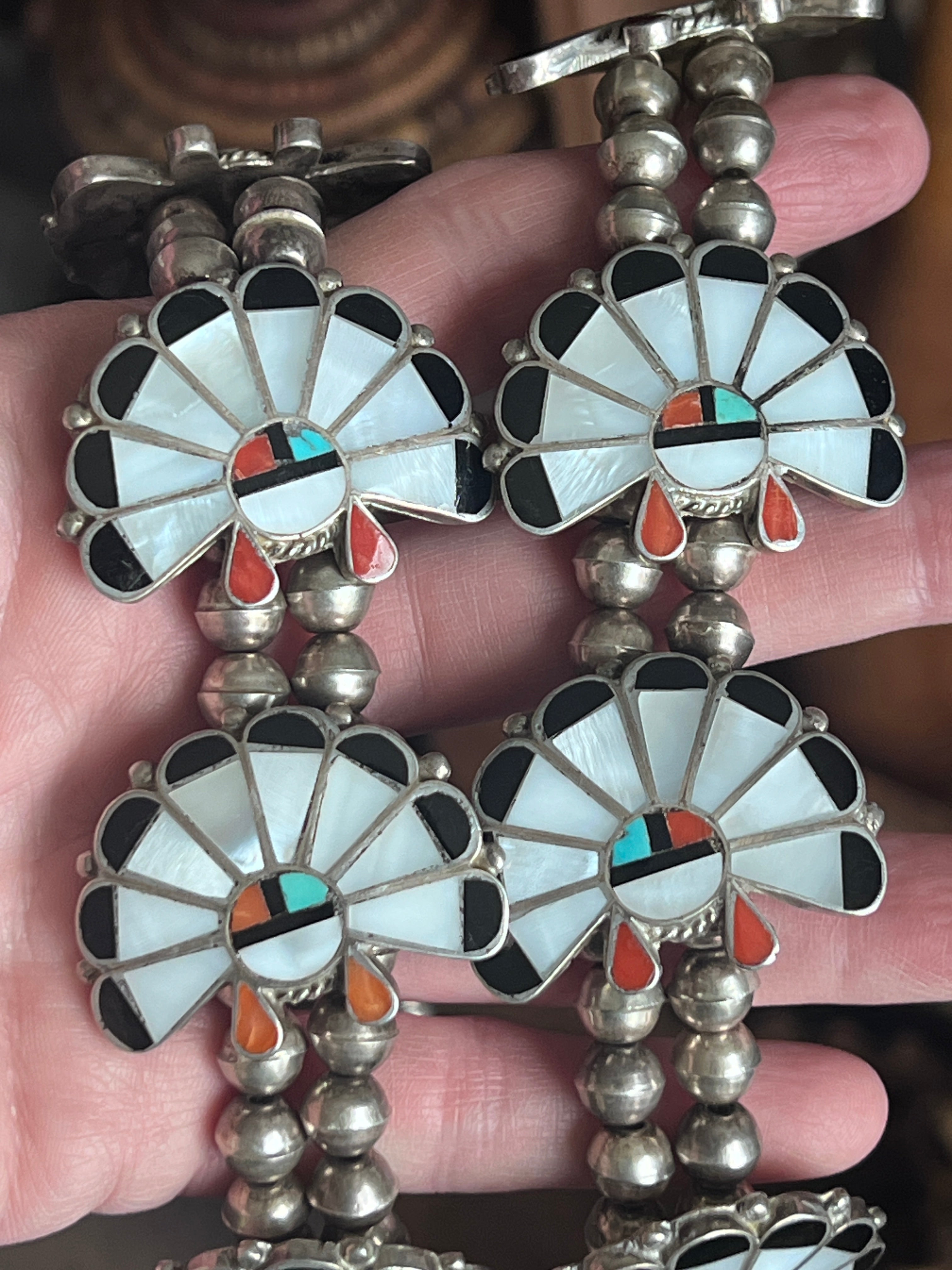 Vintage Old Pawn Sunface Multi Stone & Sterling Silver Beaded Squash Blossom Necklace