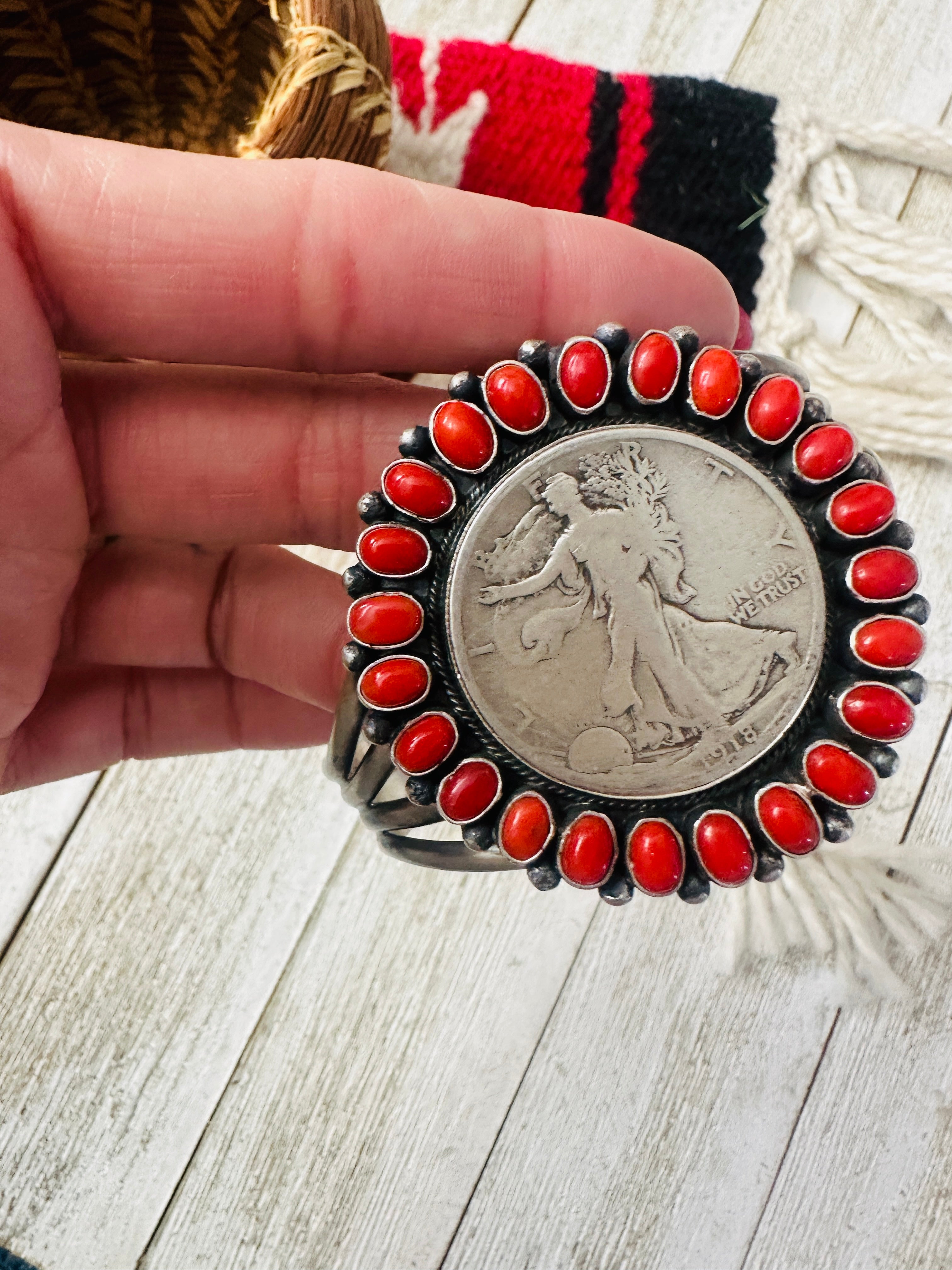 Handcrafted Coral & Sterling Silver Liberty Coin Cuff Bracelet by Darrin Livingston