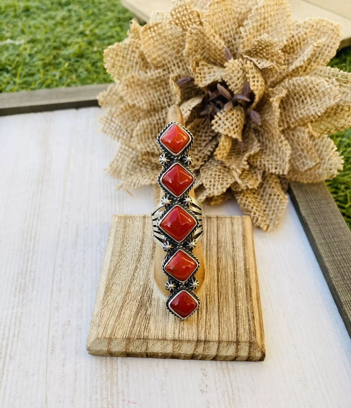 Navajo Coral & Sterling Silver Statement Ring Size 8