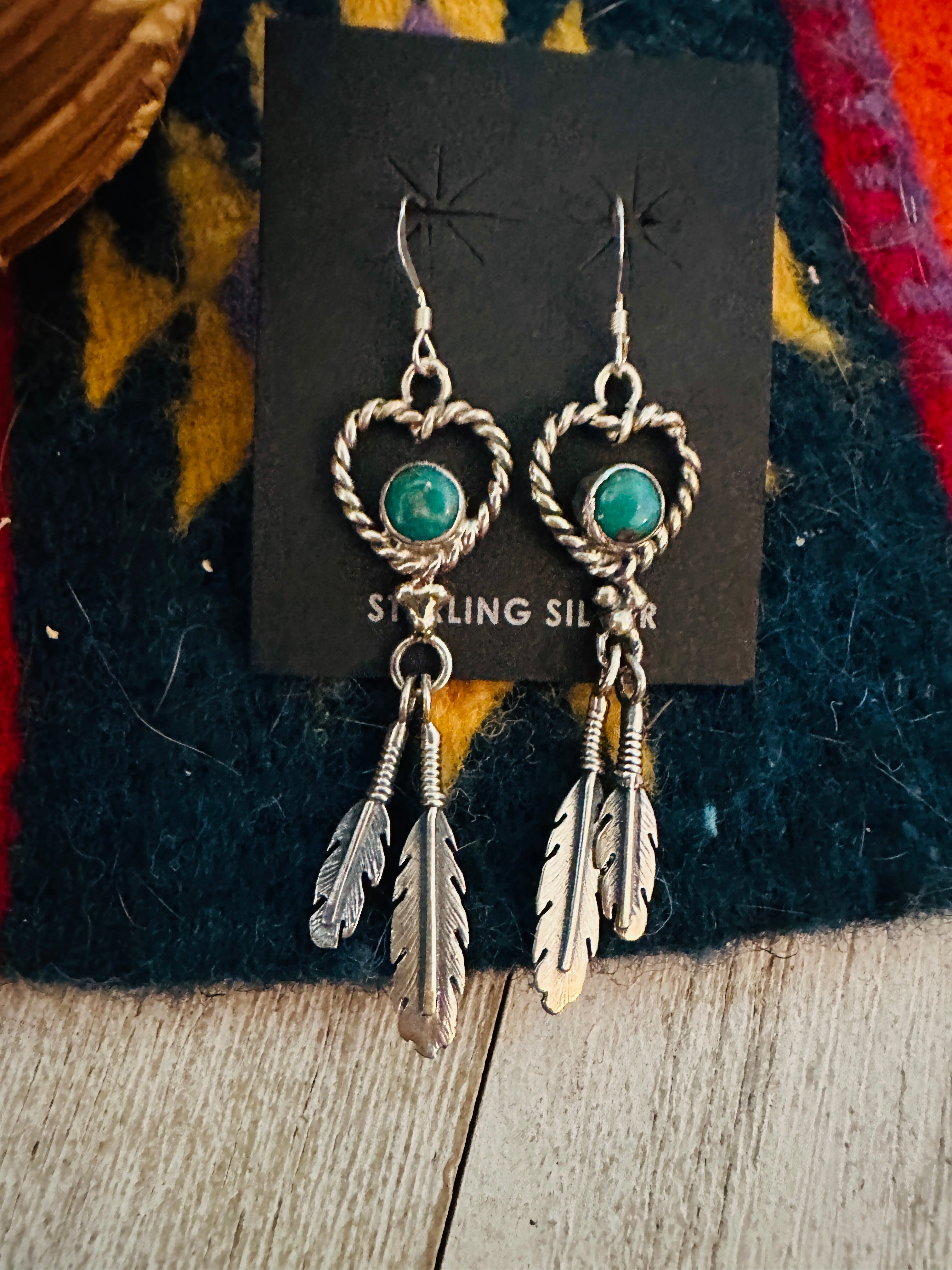 Navajo Turquoise & Sterling Silver Heart Feather Dangle Earrings