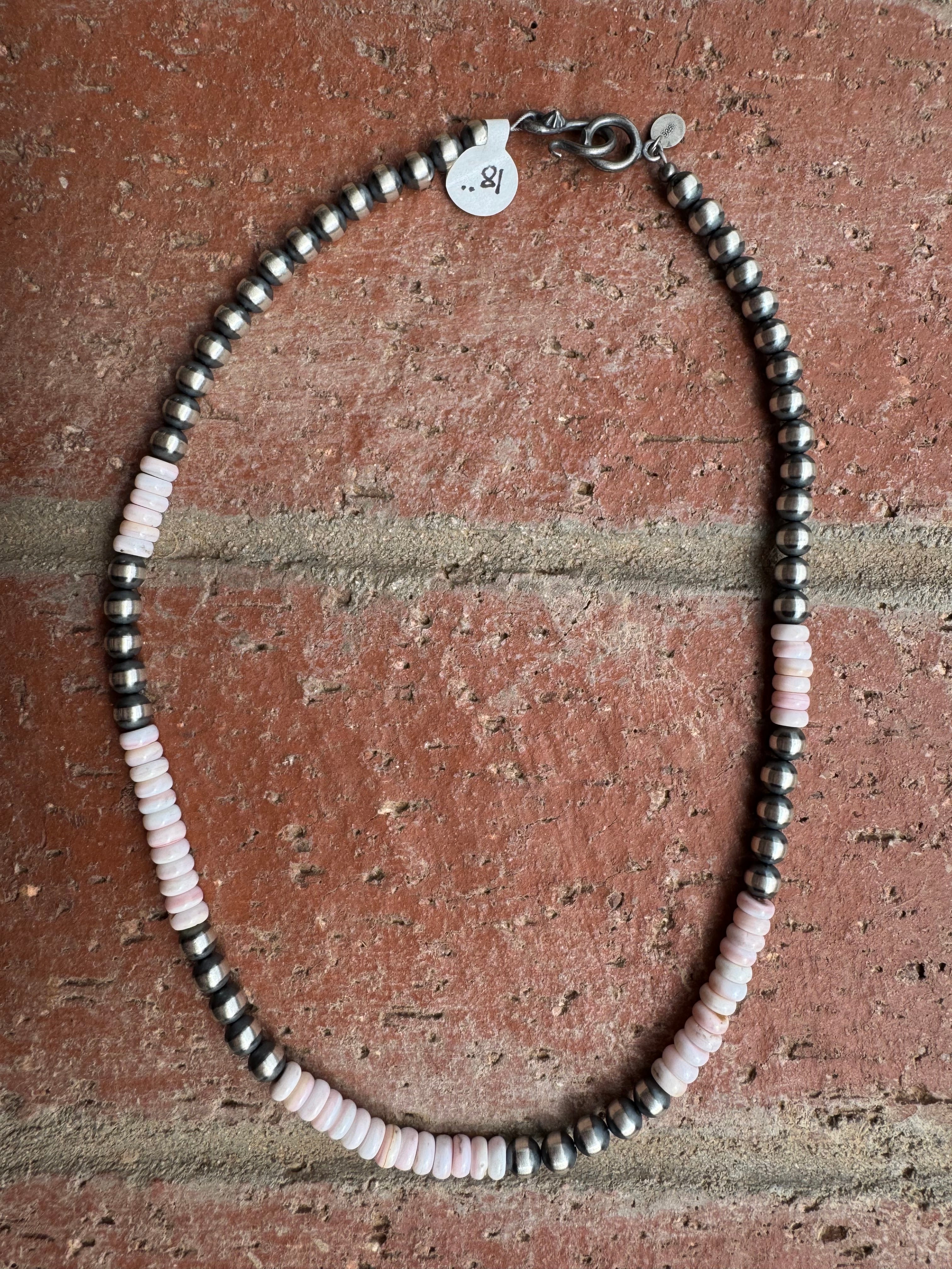 Handcrafted  Sterling Silver Pearl & Queen Pink Conch Beaded Necklace 6mm