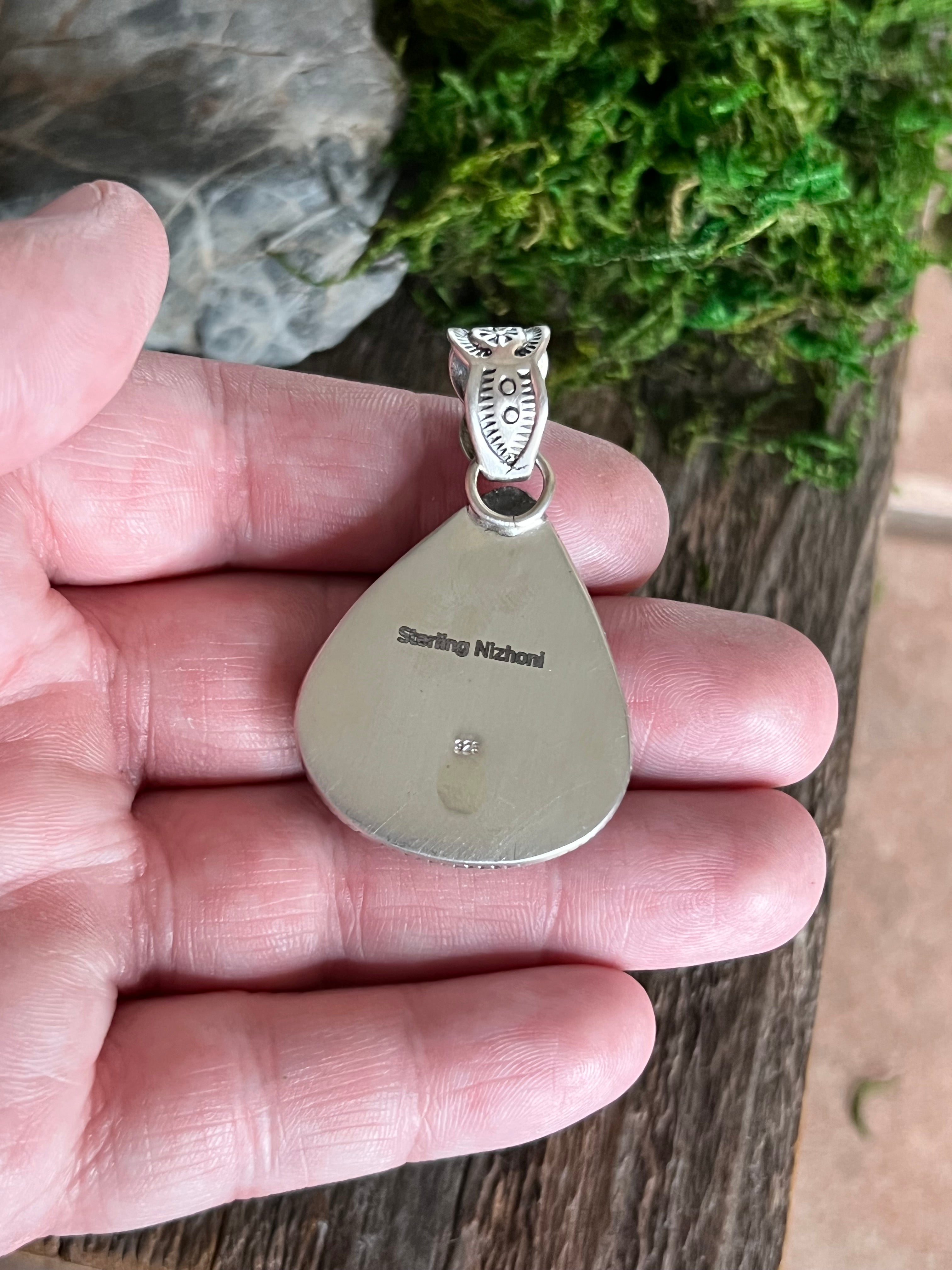 Handmade Green Turquoise Tear Drop Sterling Silver Pendant