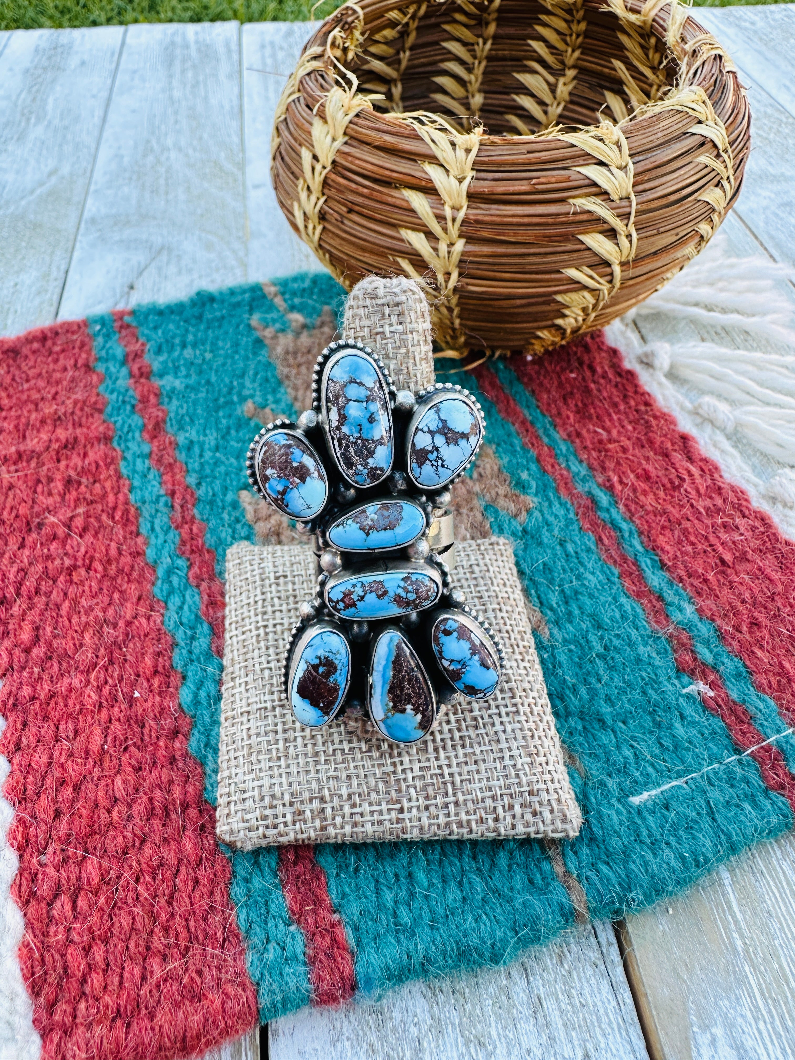 Hand Crafted Golden Hills Turquoise & Sterling Silver Ring Size 10 by Sheila Becenti