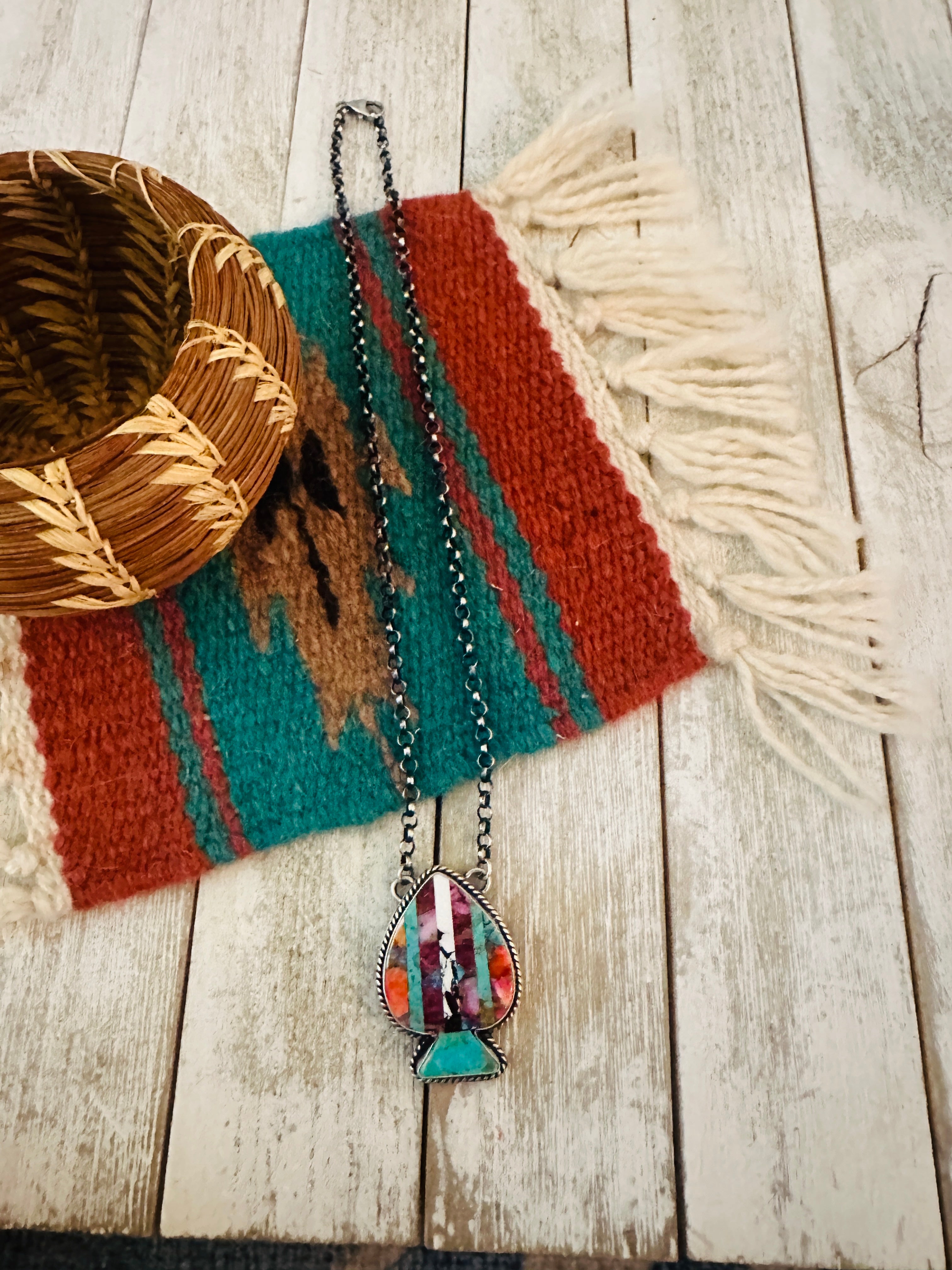 Navajo Sterling Silver & Multi Stone Inlay Spade Necklace