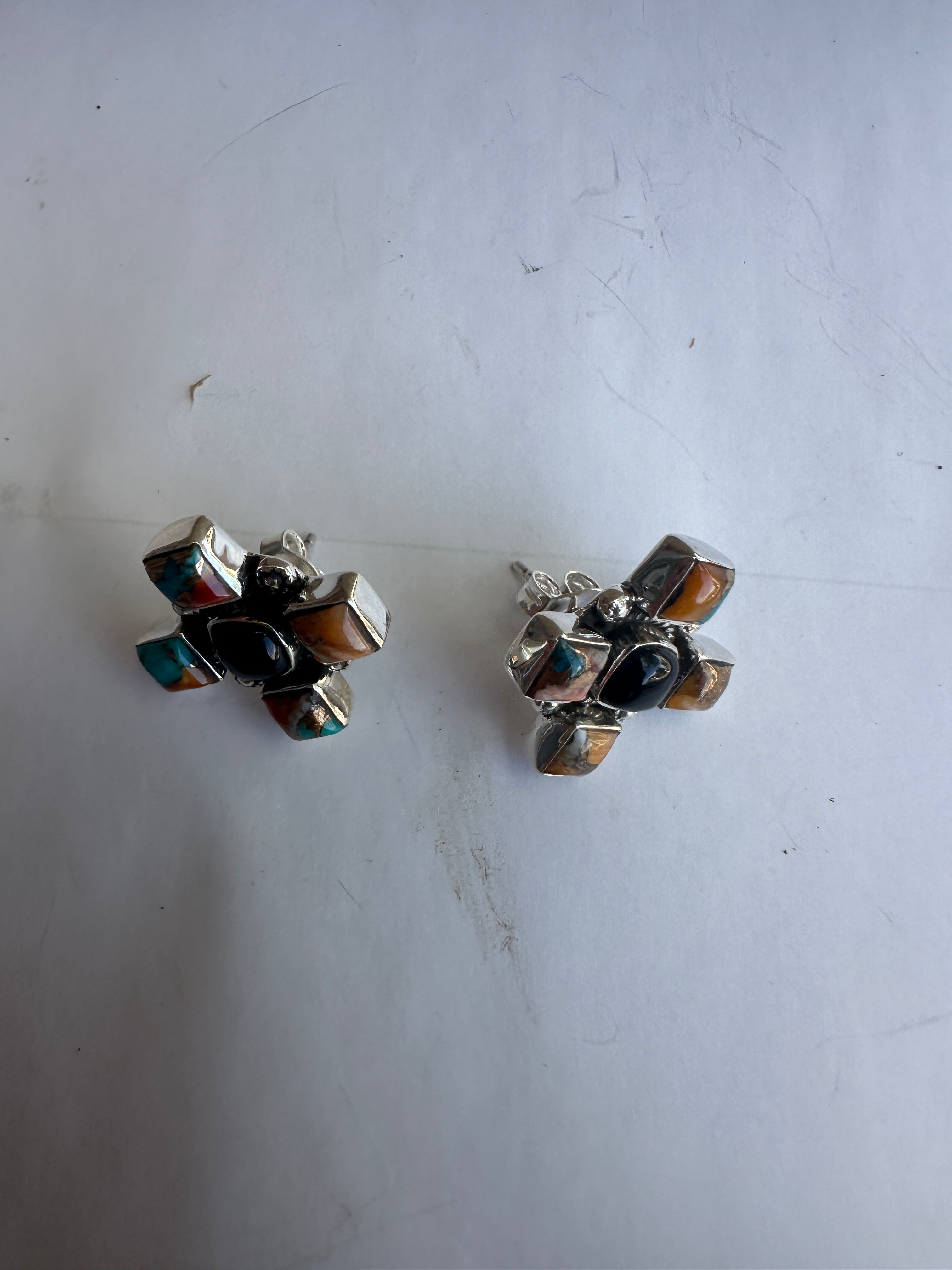 Handmade Spice, Onyx and Sterling Silver CROSS Post Earrings