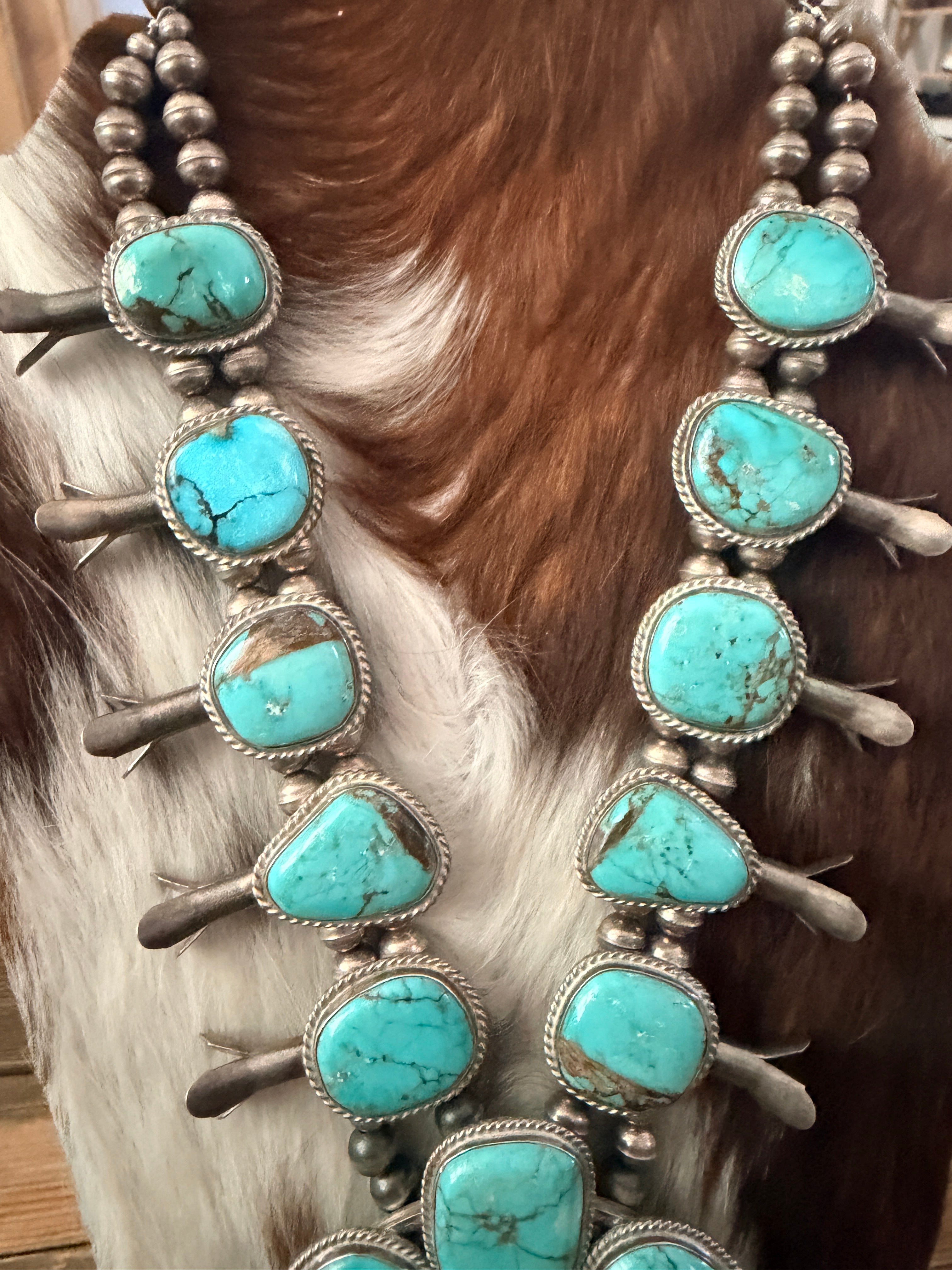 Old Pawn Handcrafted Turquoise & Sterling Silver Squash Blossom Necklace