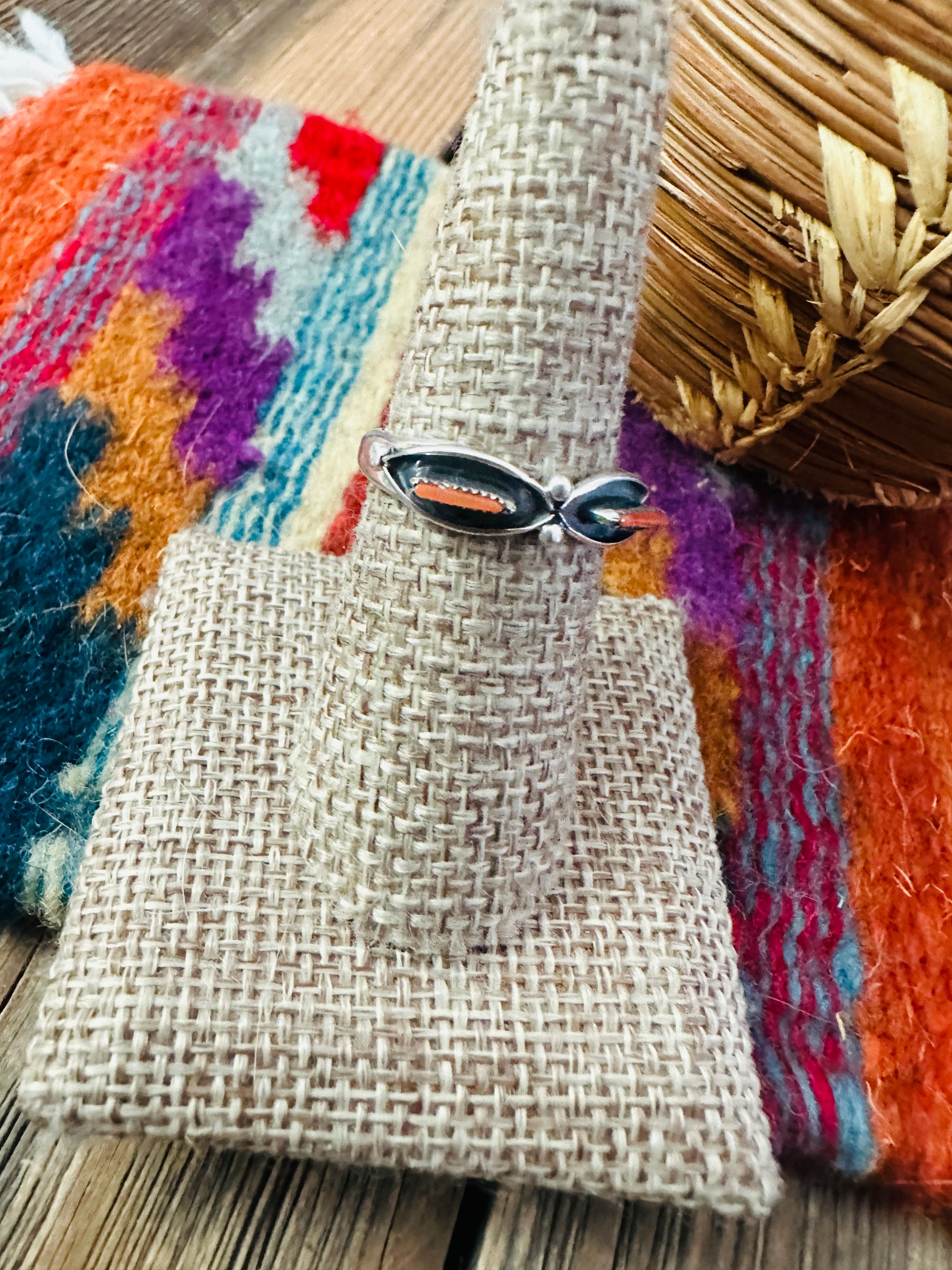 Handcrafted Coral & Sterling Silver Band Ring Size 7.5