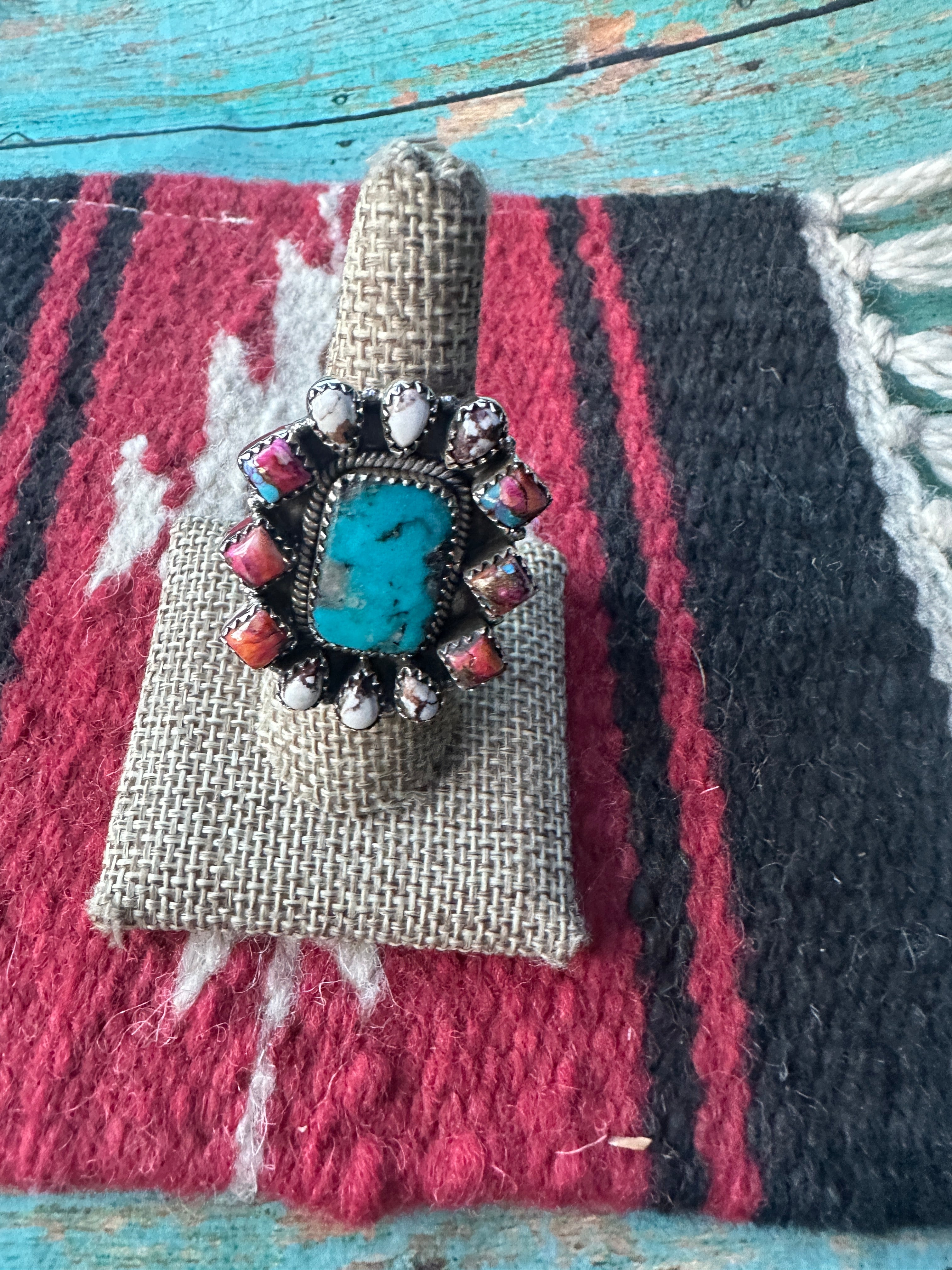 Beautiful Handmade Turquoise, Pink Dream Mojave, Wild Horse And Sterling Silver Adjustable Ring