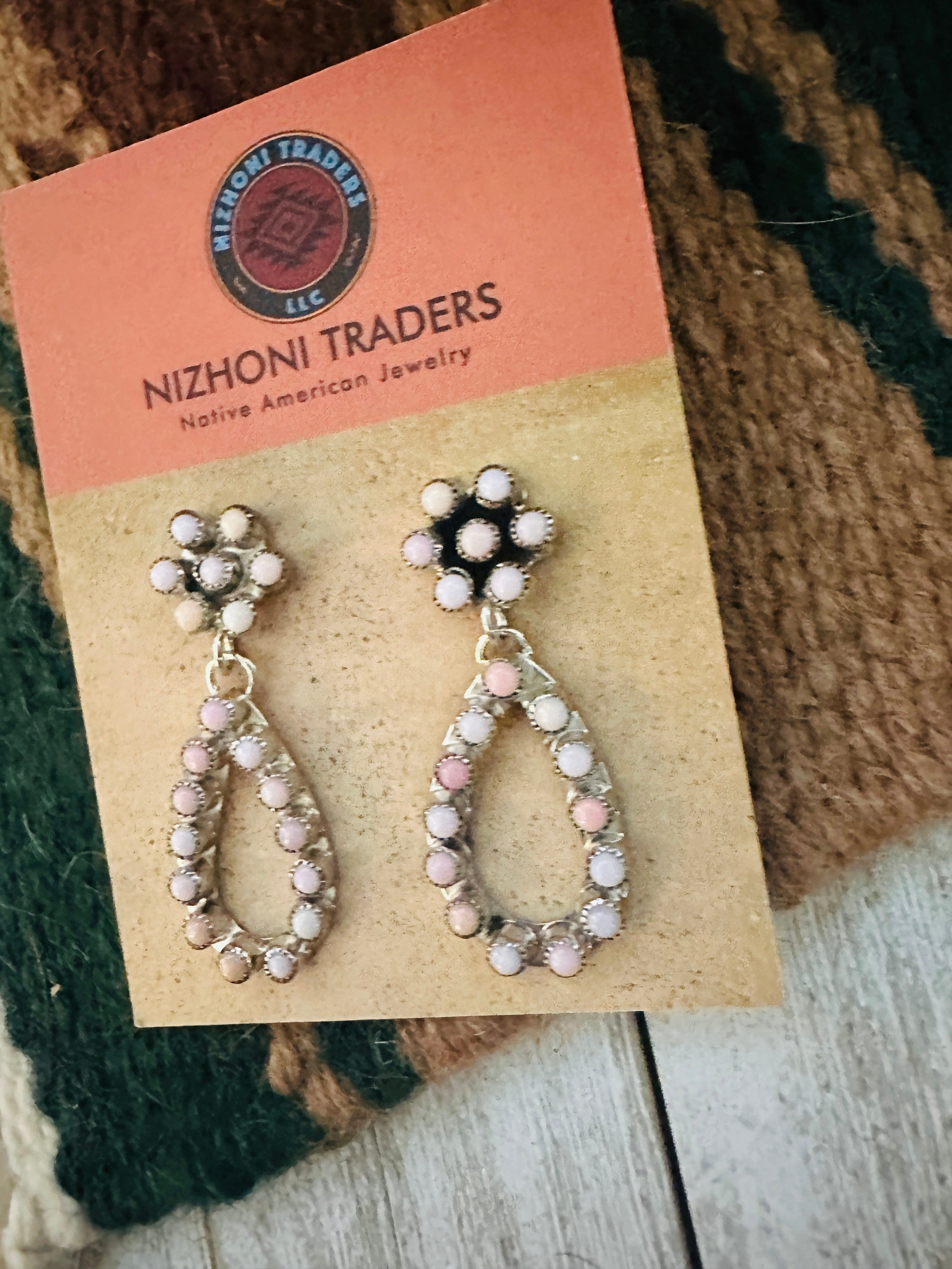 Navajo Queen Pink Conch & Sterling Silver Flower Dangle Earrings