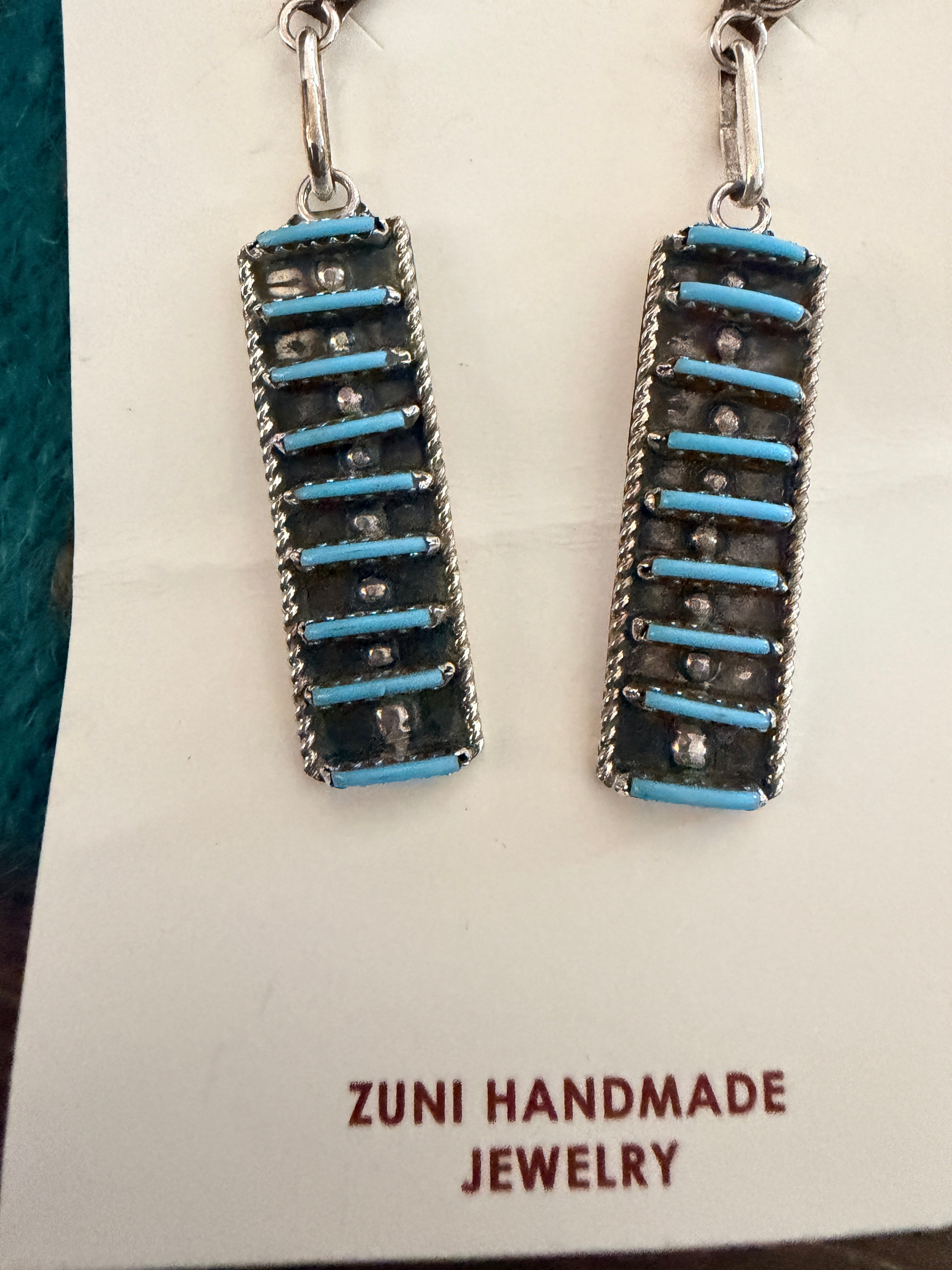 Handcrafted Turquoise & Sterling Silver Needlepoint Dangle Earrings