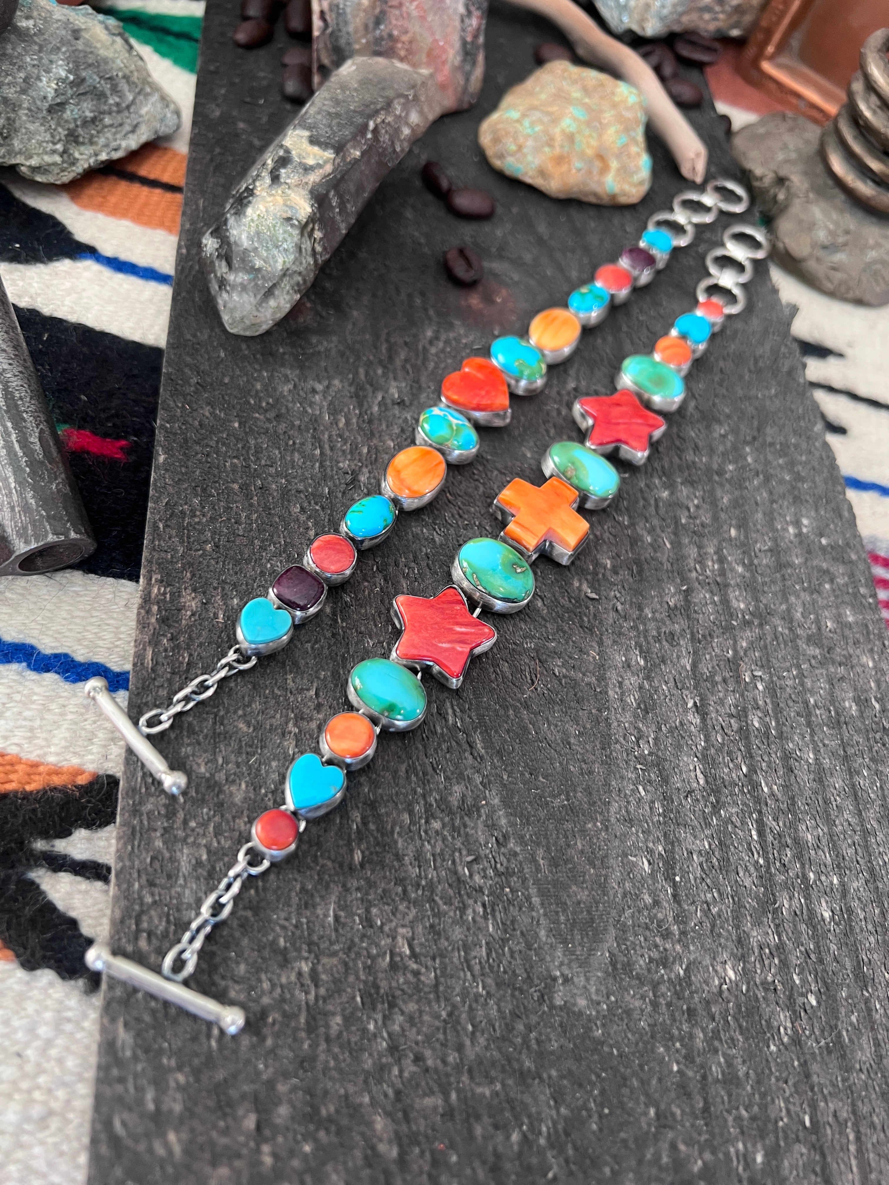 Loretta Delgarito Sterling Silver Electric Rainbow Link Turquoise and Spiny Oyster Heart Bracelet