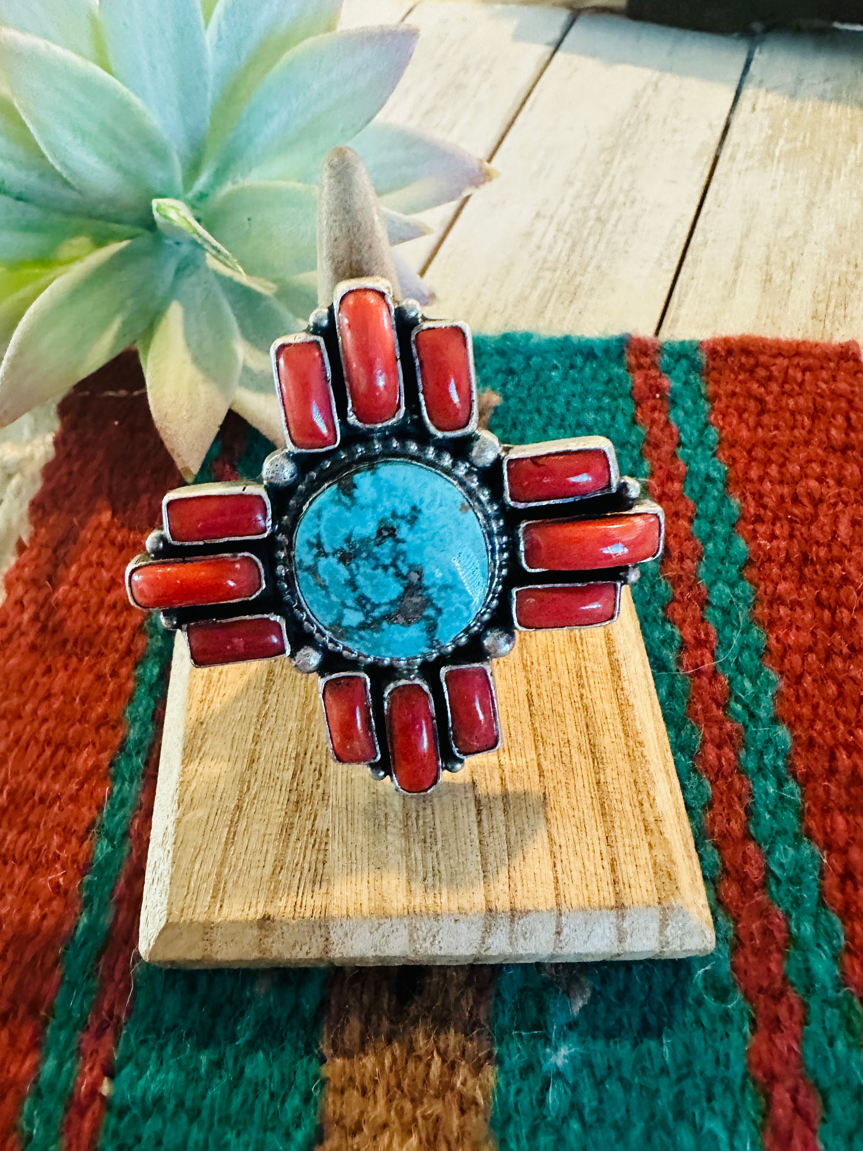 Navajo Kingman Turquoise, Coral & Sterling Silver Ring Size 7