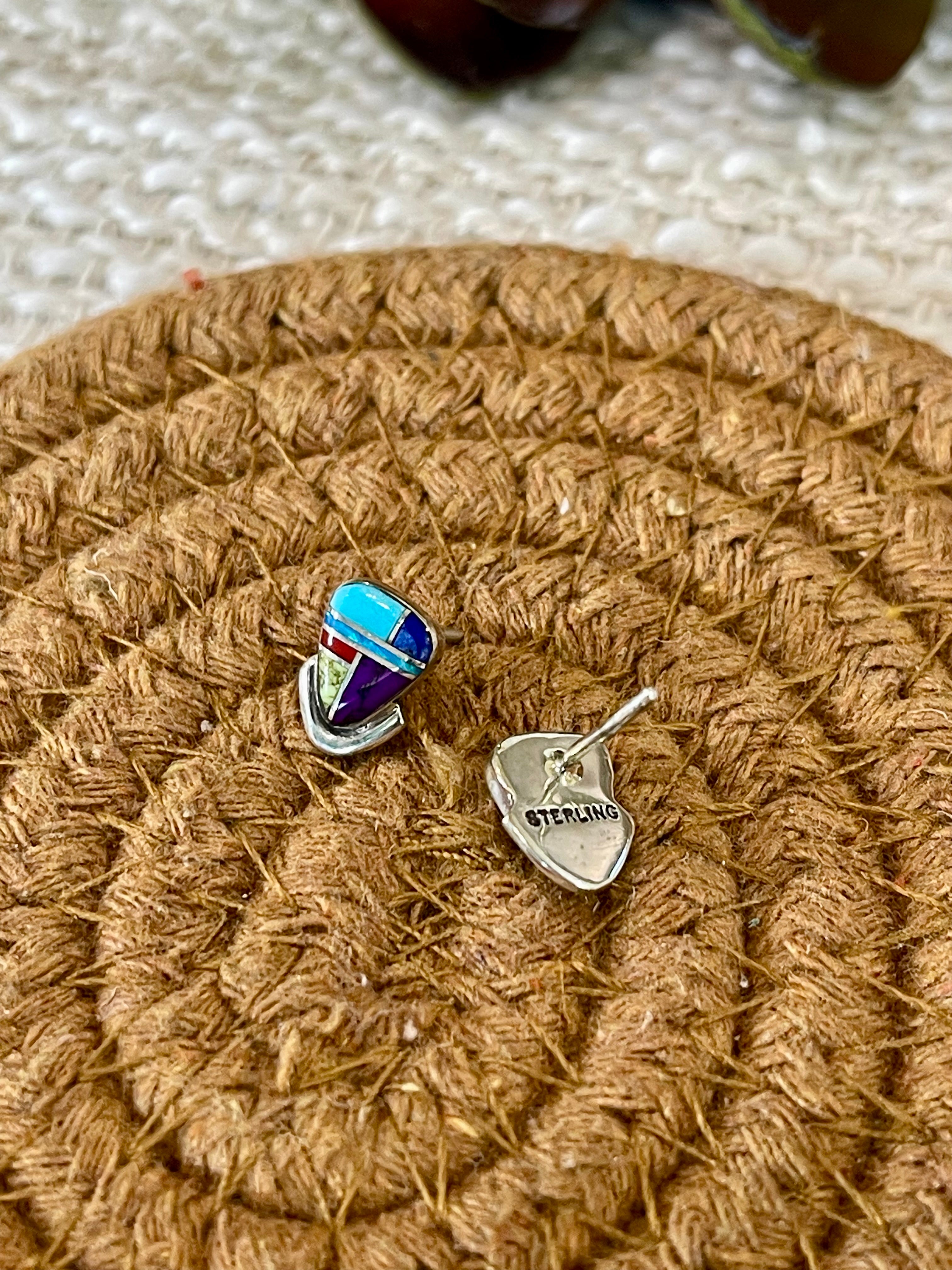 Beautiful Handmade Sterling Silver & Multi Stone Inlay Stud Earrings