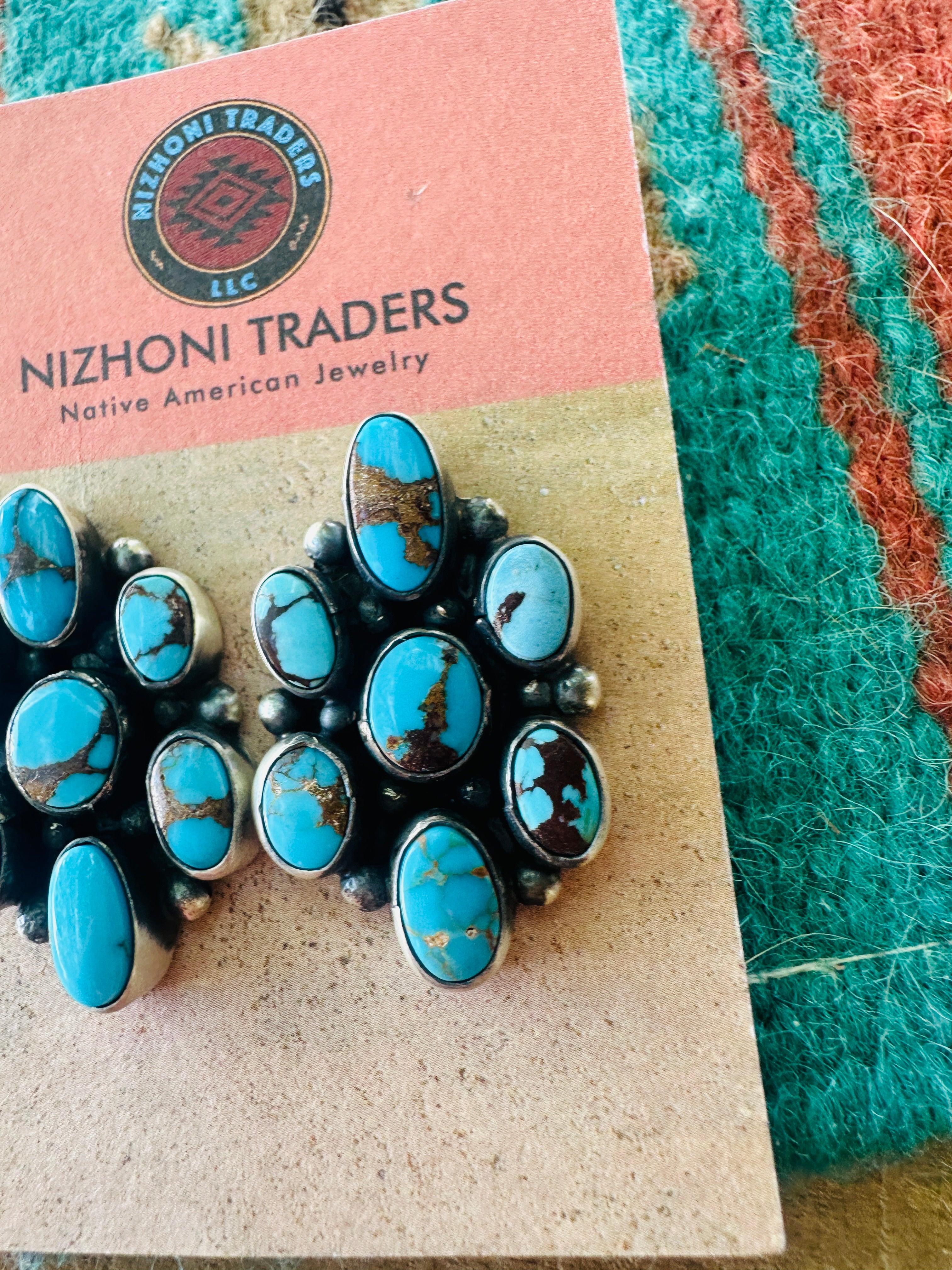 Handcrafted Sterling Silver & Kingman Web Turquoise Cluster Post Earrings