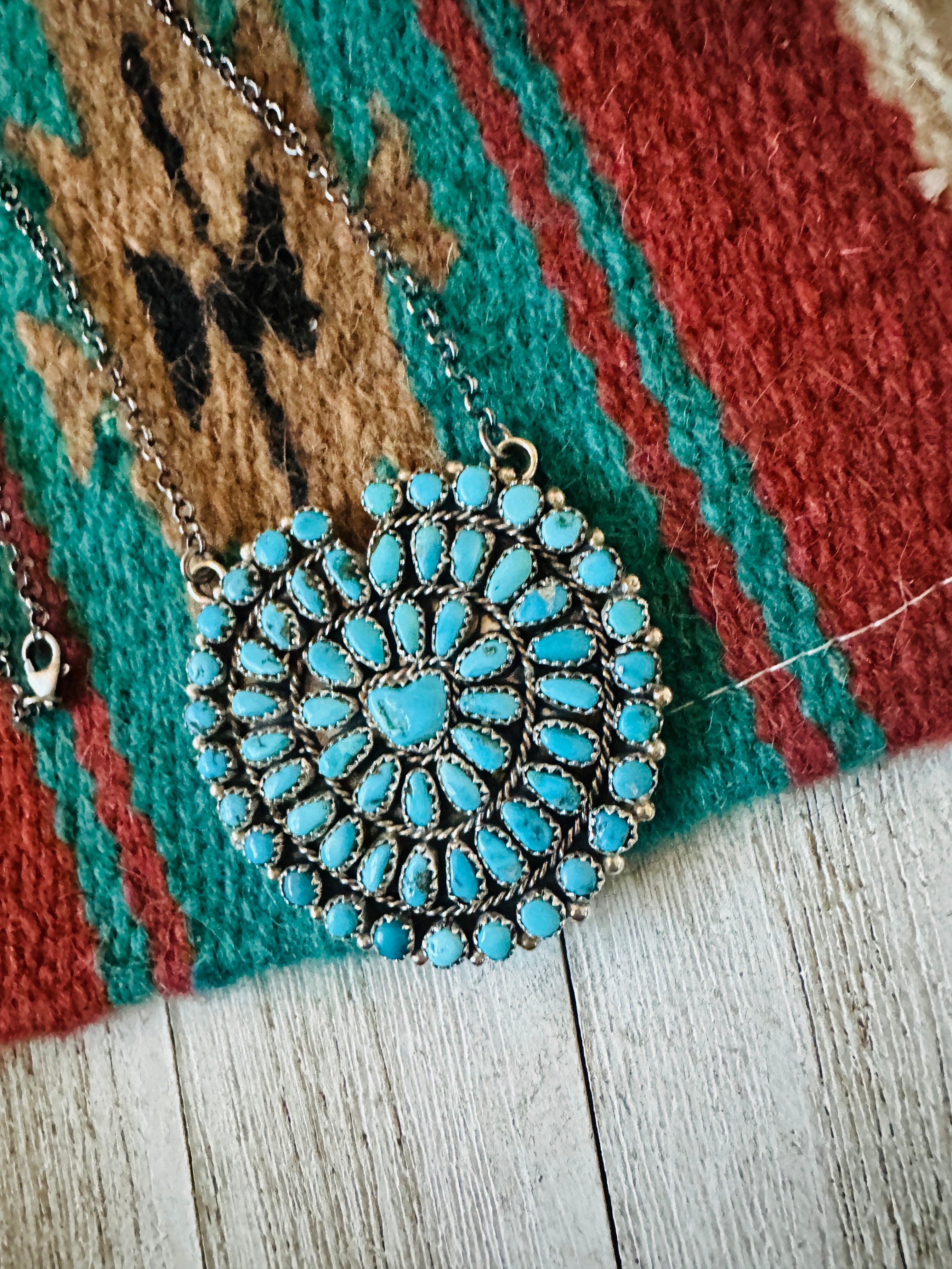 Navajo Kingman Turquoise & Sterling Silver Cluster Necklace