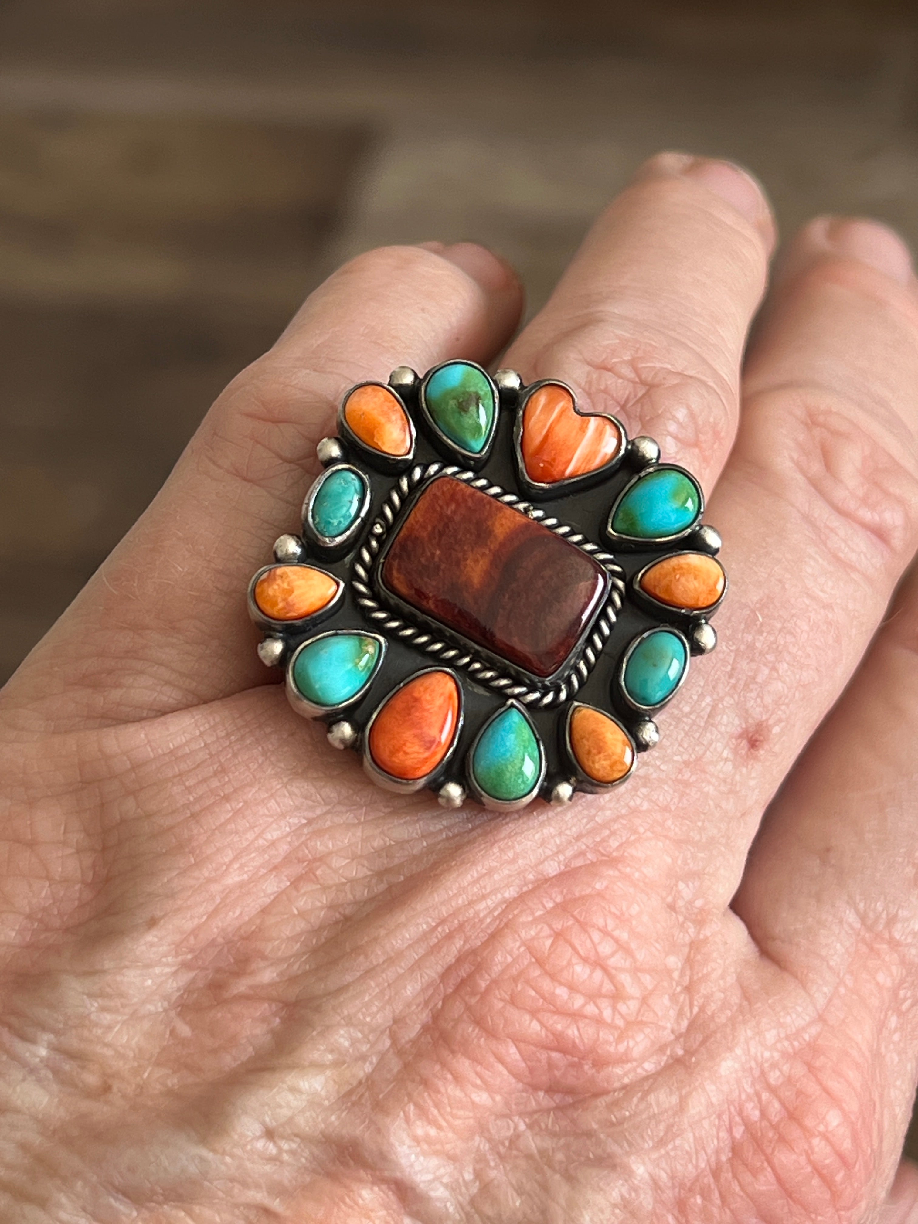 Navajo Electric Rainbow Turquoise and Spiny Oyster Ring by Angela Martin and Bernyse Chavez, Size 7.5-8