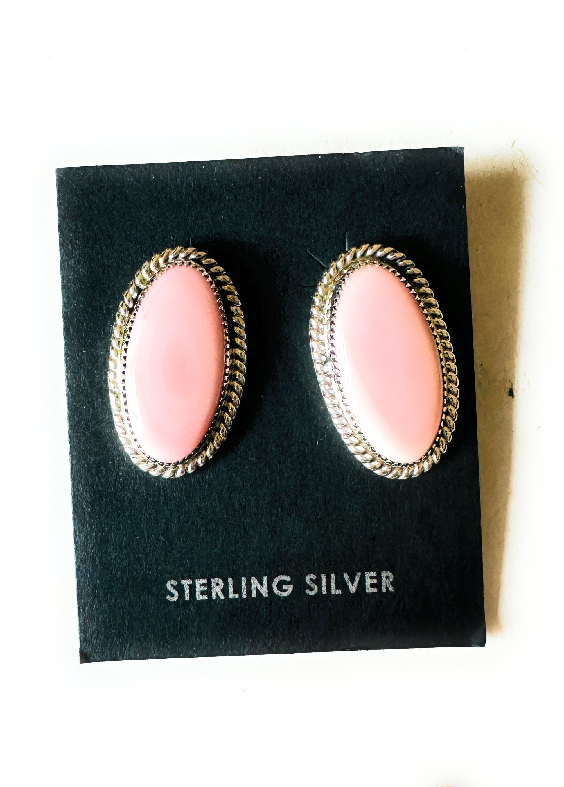 Navajo Sterling Silver & Queen Pink Conch Oval Post Earrings