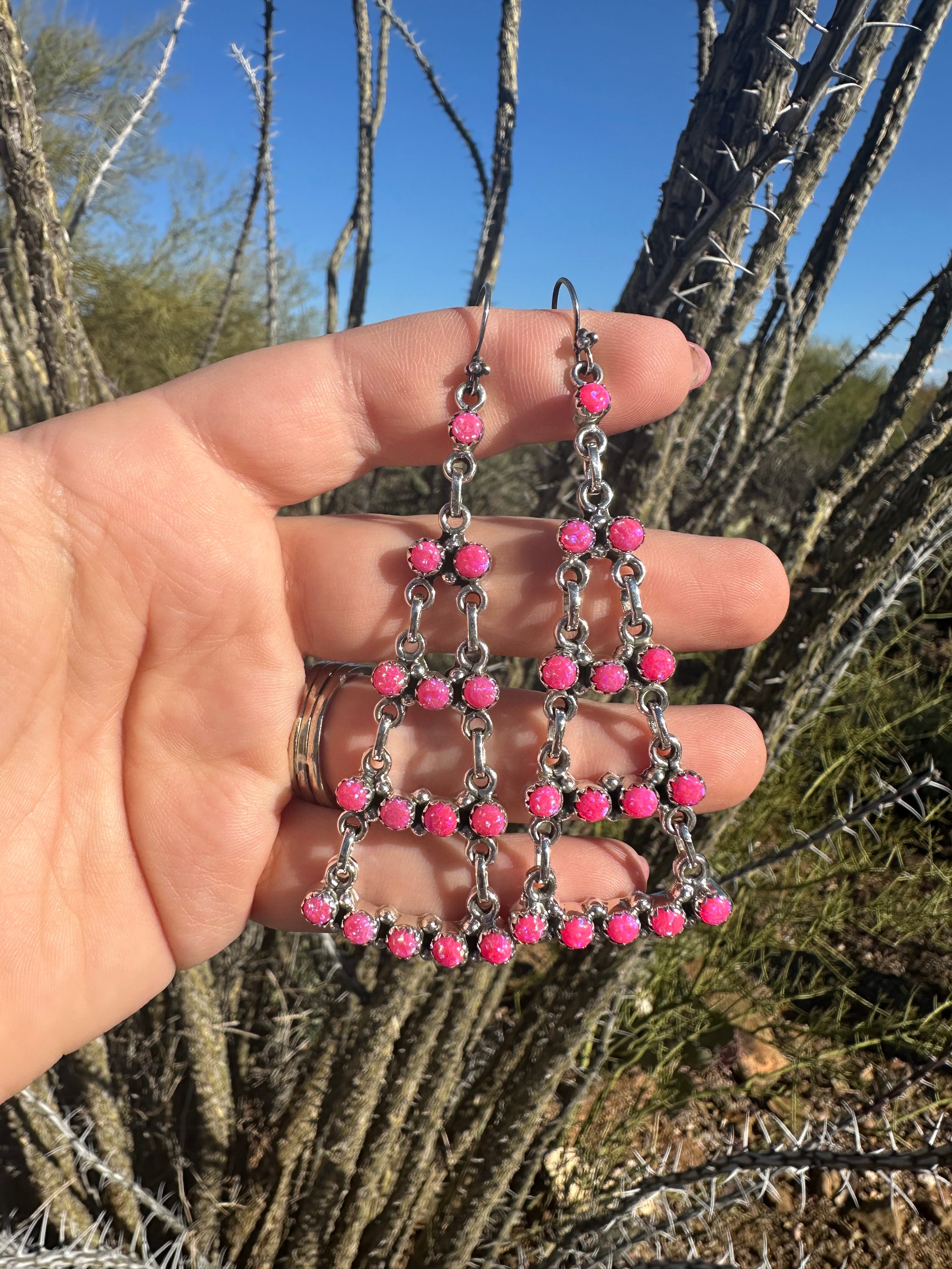 Handmade Hot Pink Fire Opal and Sterling Silver Dangle Earrings