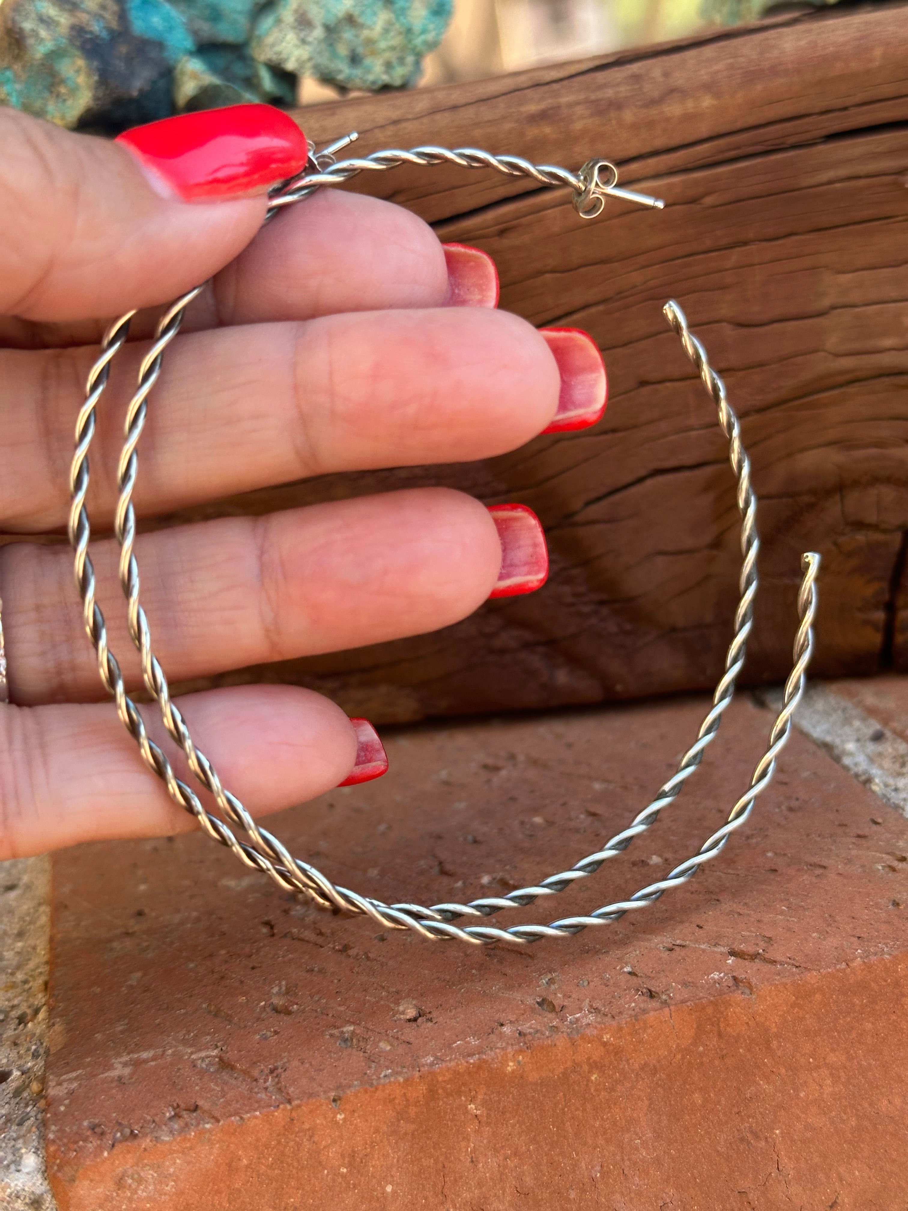 Navajo Sterling Silver 3 Inch Hoop Earrings