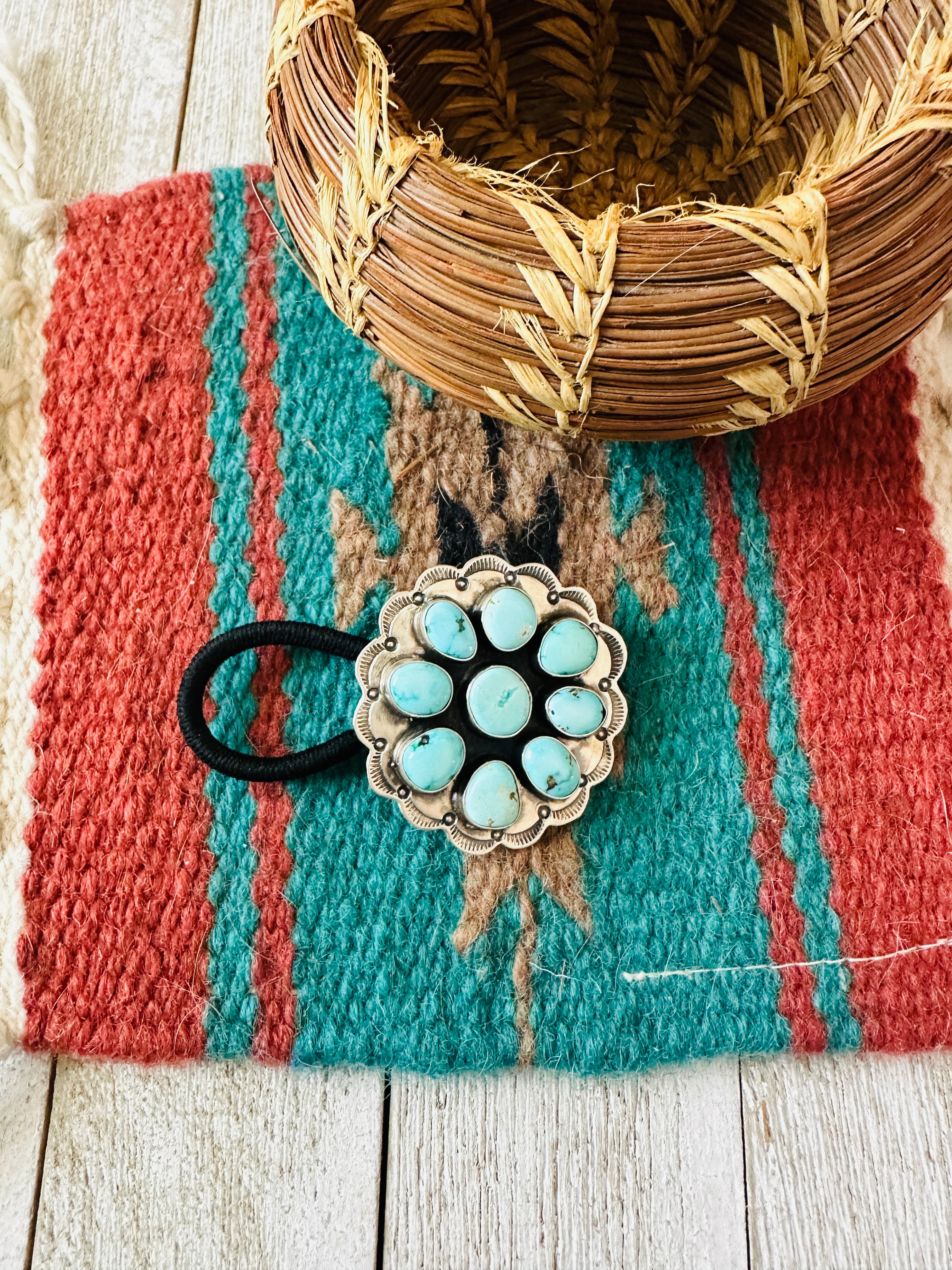 Handcrafted Turquoise & Sterling Silver Cluster Hair Tie