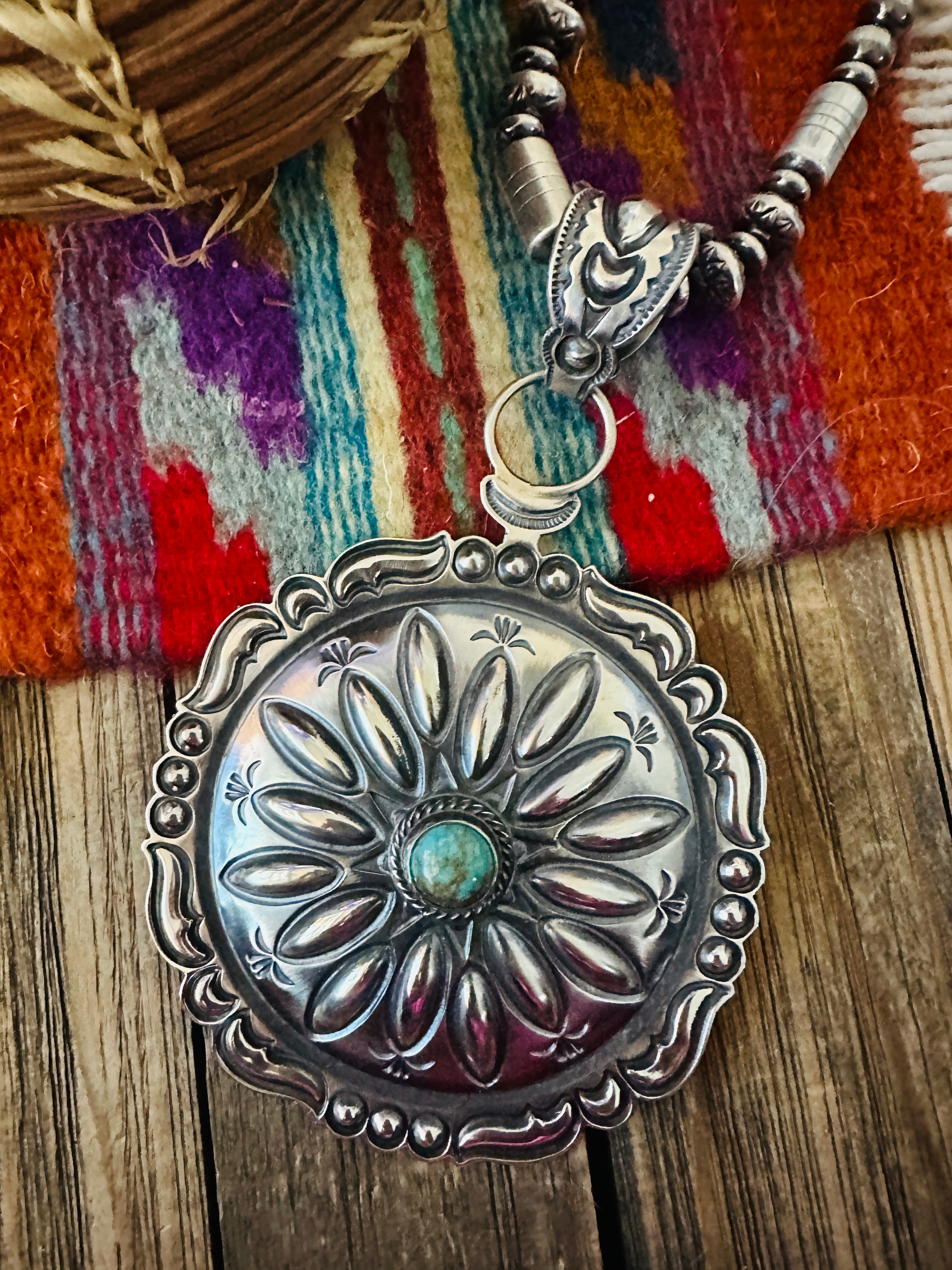 Handcrafted Turquoise & Sterling Silver Concho Pendant by Roland Dixson