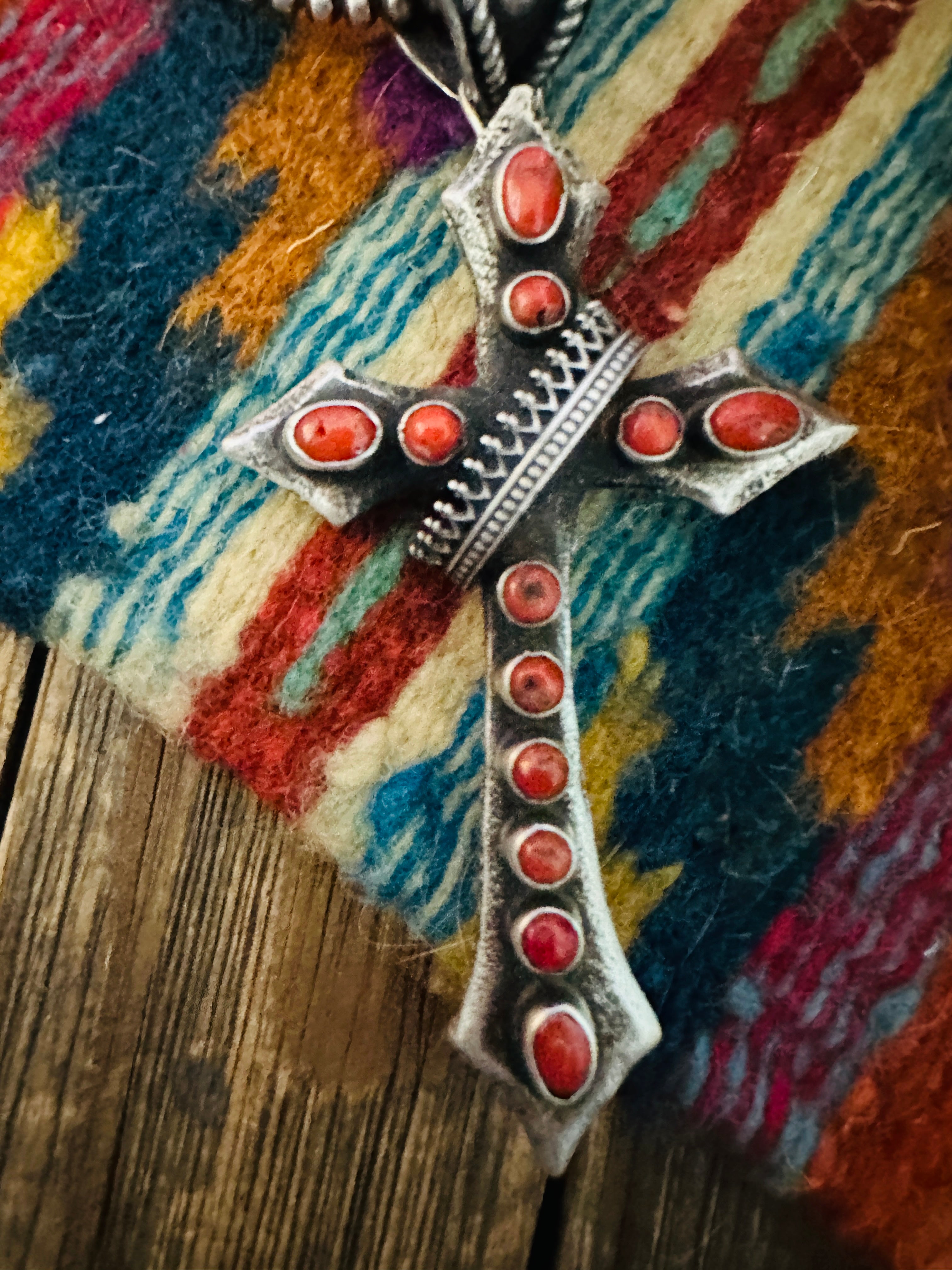 Handcrafted Sterling Silver & Coral Cross Pendant by Shawn Cayatineto