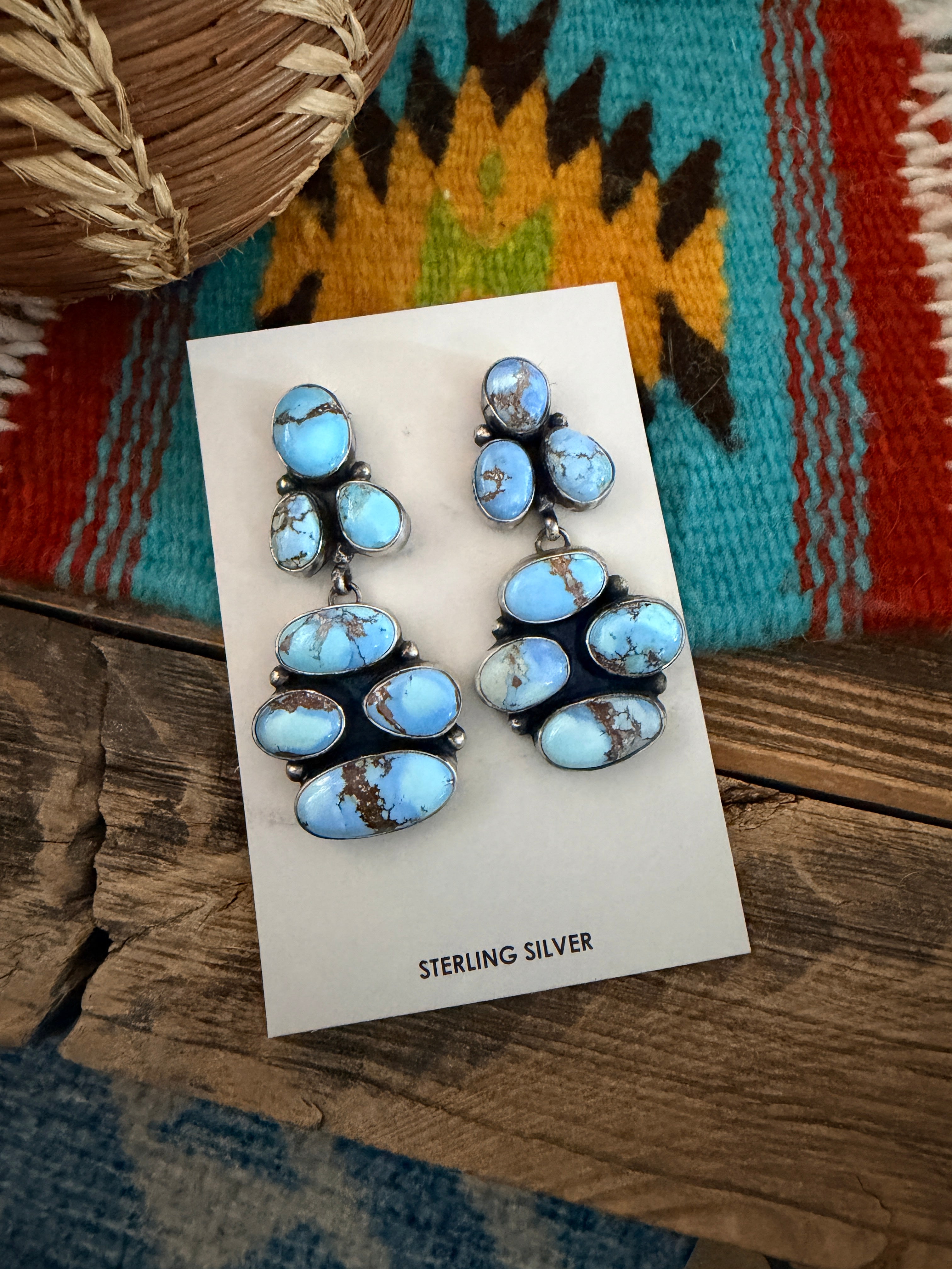 Handcrafted Golden Hills Turquoise & Sterling Silver Cluster Dangle Earrings by Jameson Garcia