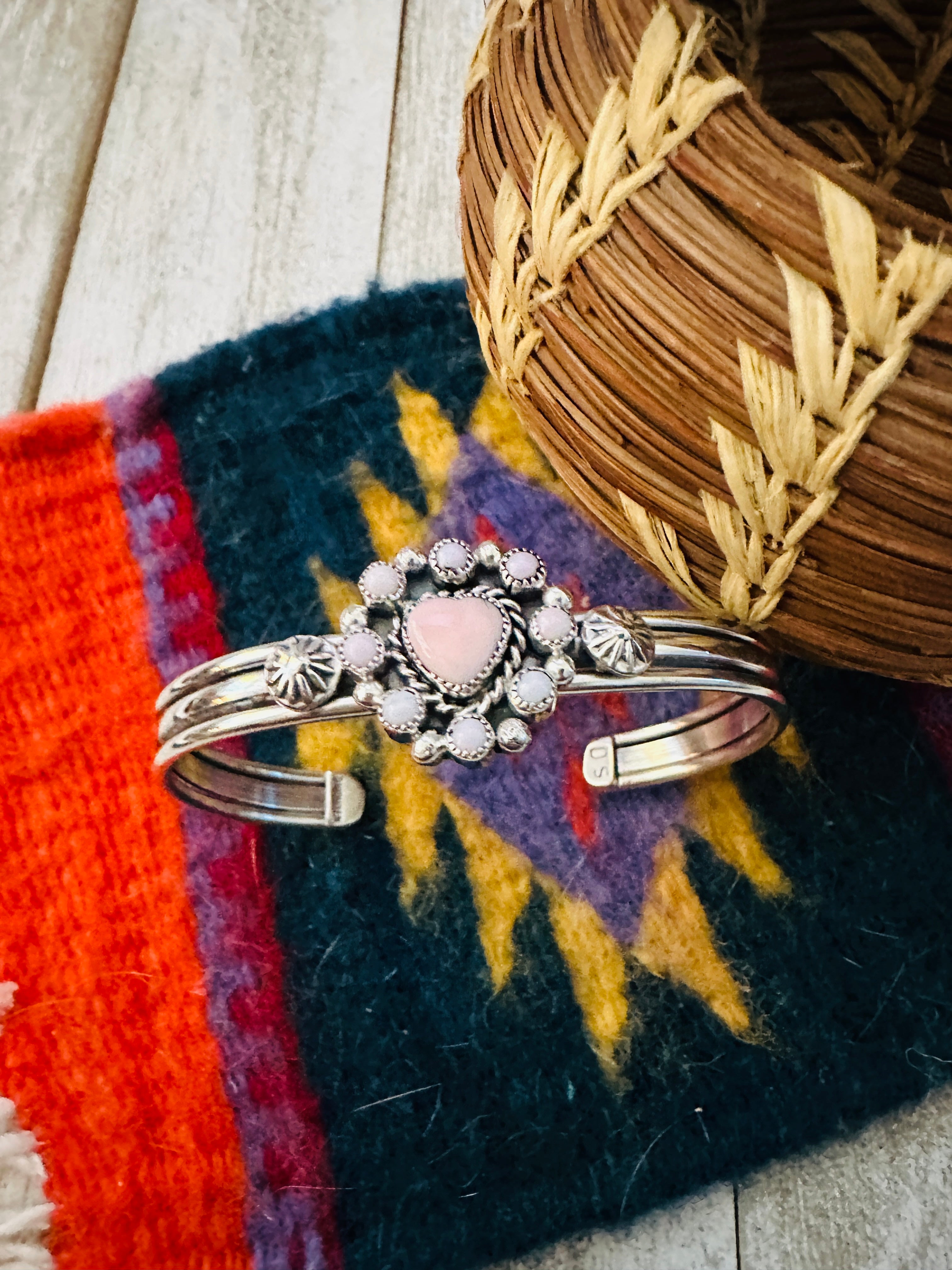 Navajo Queen Pink Conch Shell & Sterling Silver Heart Cuff Bracelet