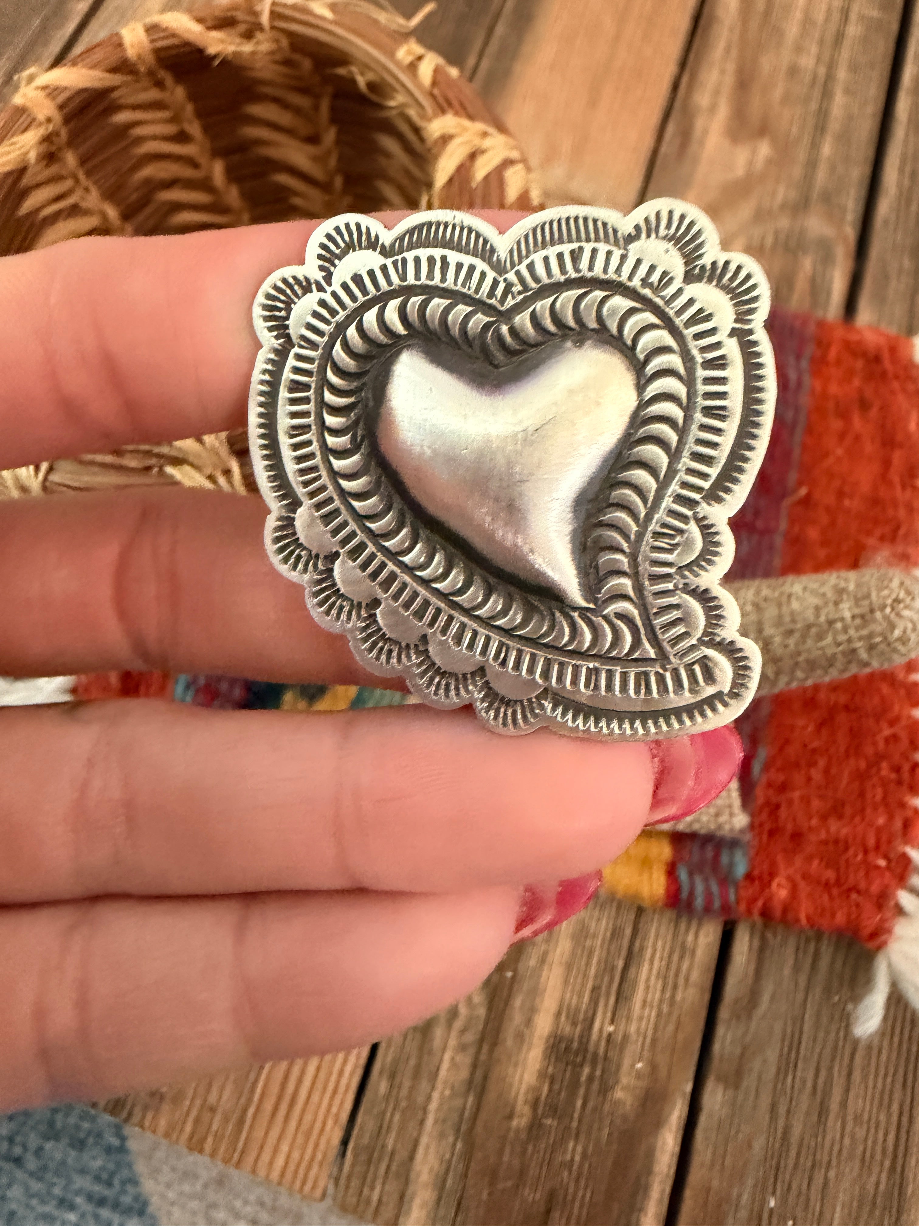Handcrafted Sterling Silver Adjustable Heart Concho Ring by Leander Tahe