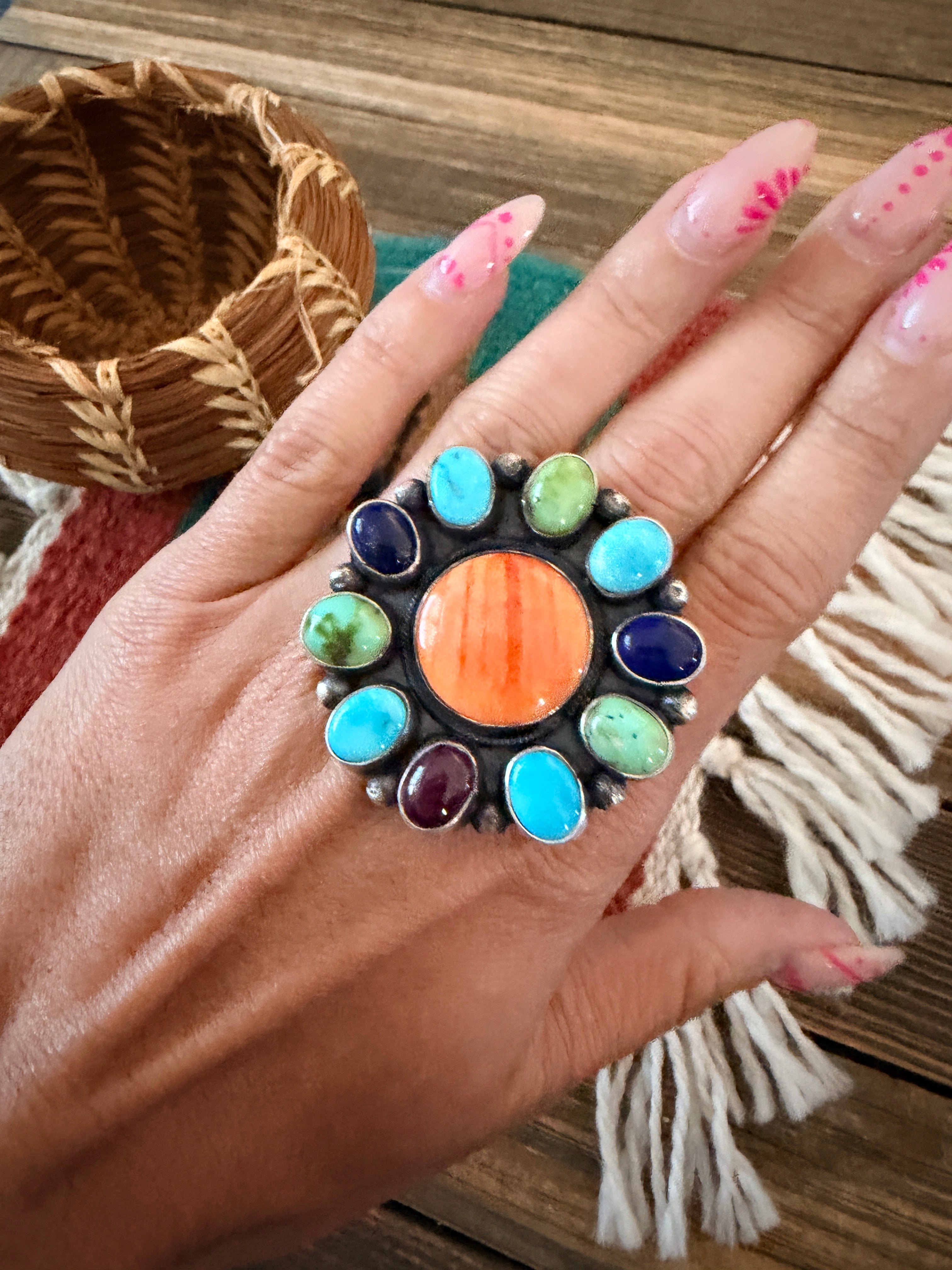 Handcrafted Multi Stone & Sterling Silver Cluster Adjustable Ring by Sheila Becenti