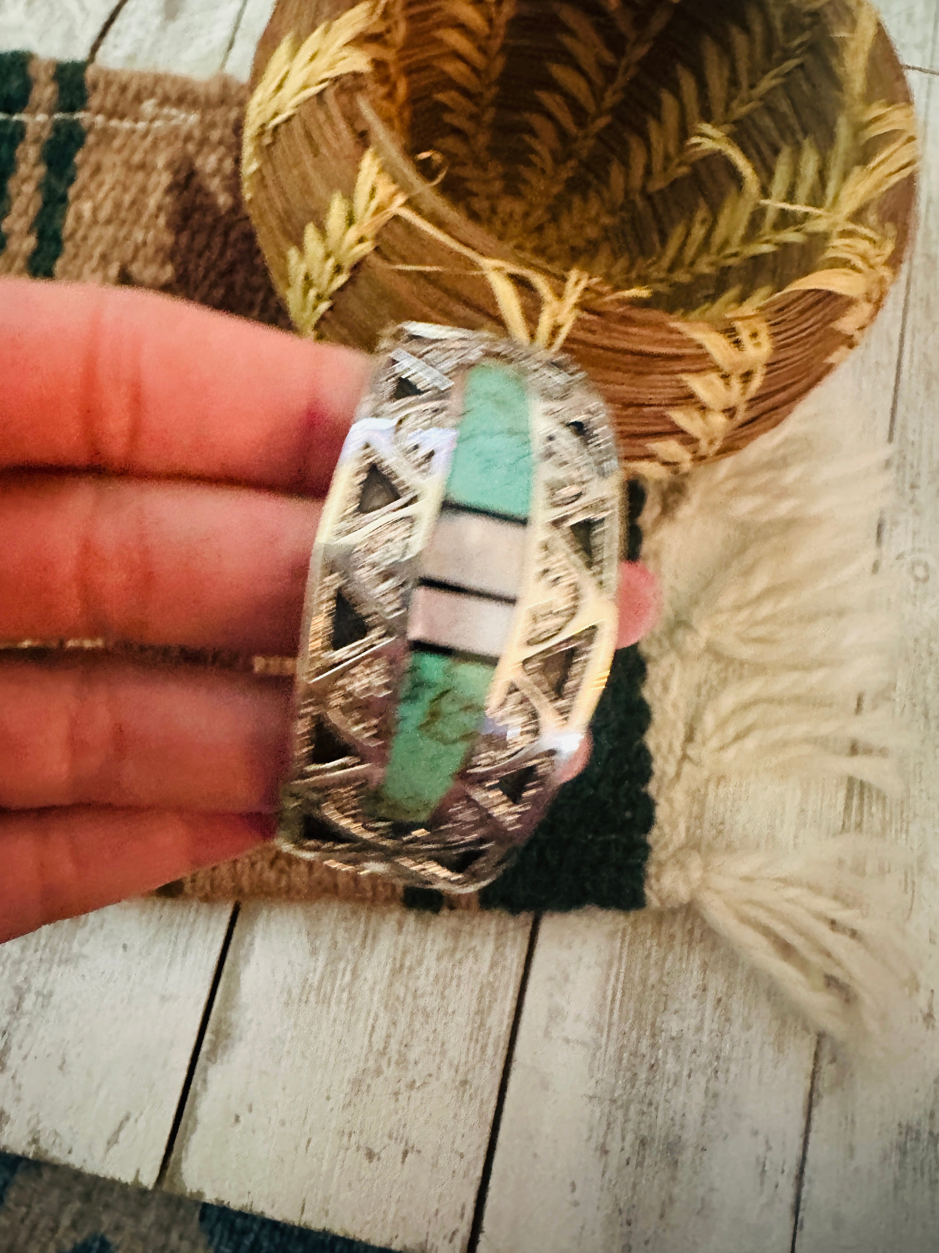 Handcrafted Old Pawn Turquoise, Mother of Pearl & Sterling Silver Inlay Cuff Bracelet /