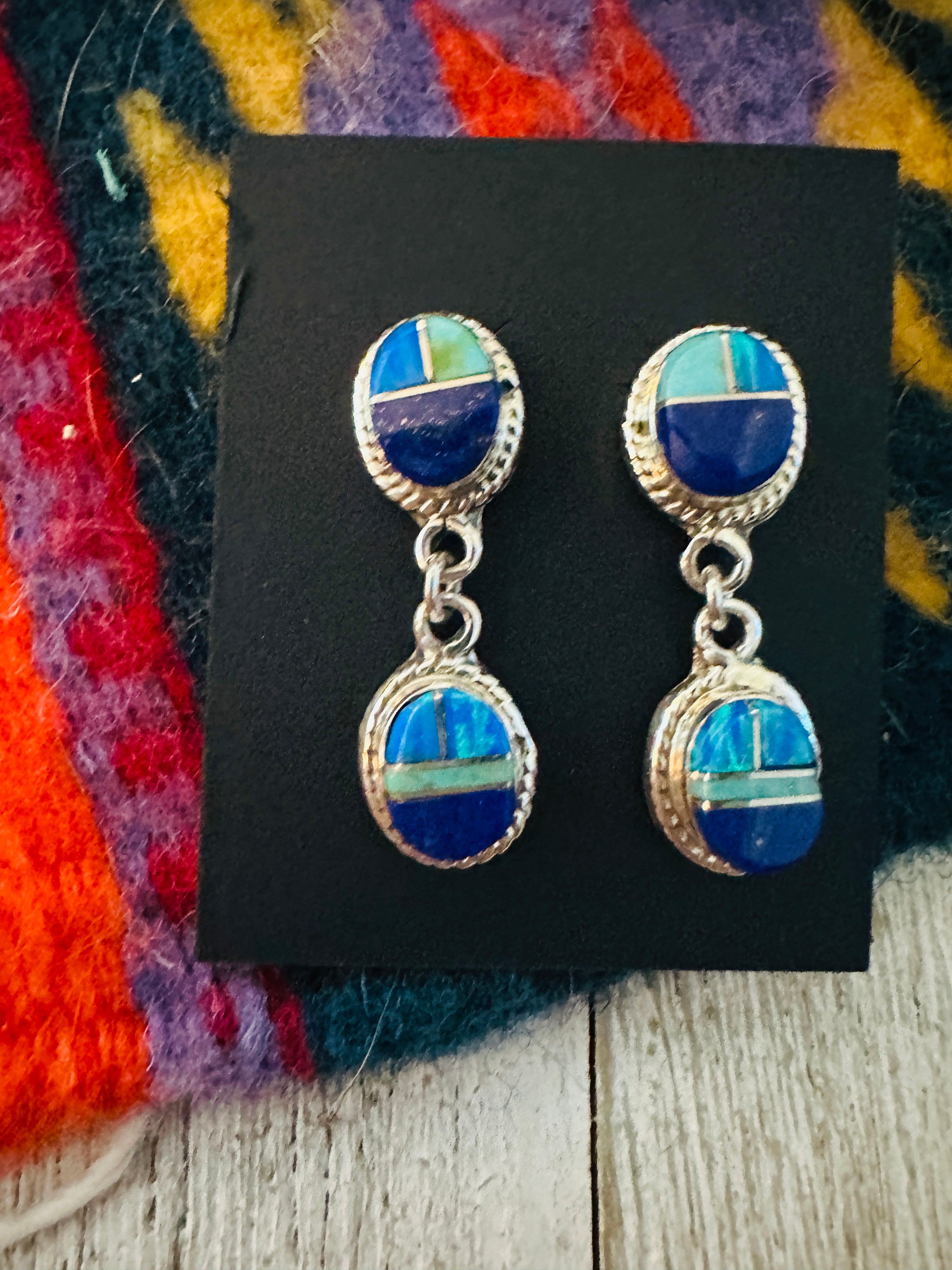 Navajo Sterling Silver & Multi Stone Inlay Dangle Earrings