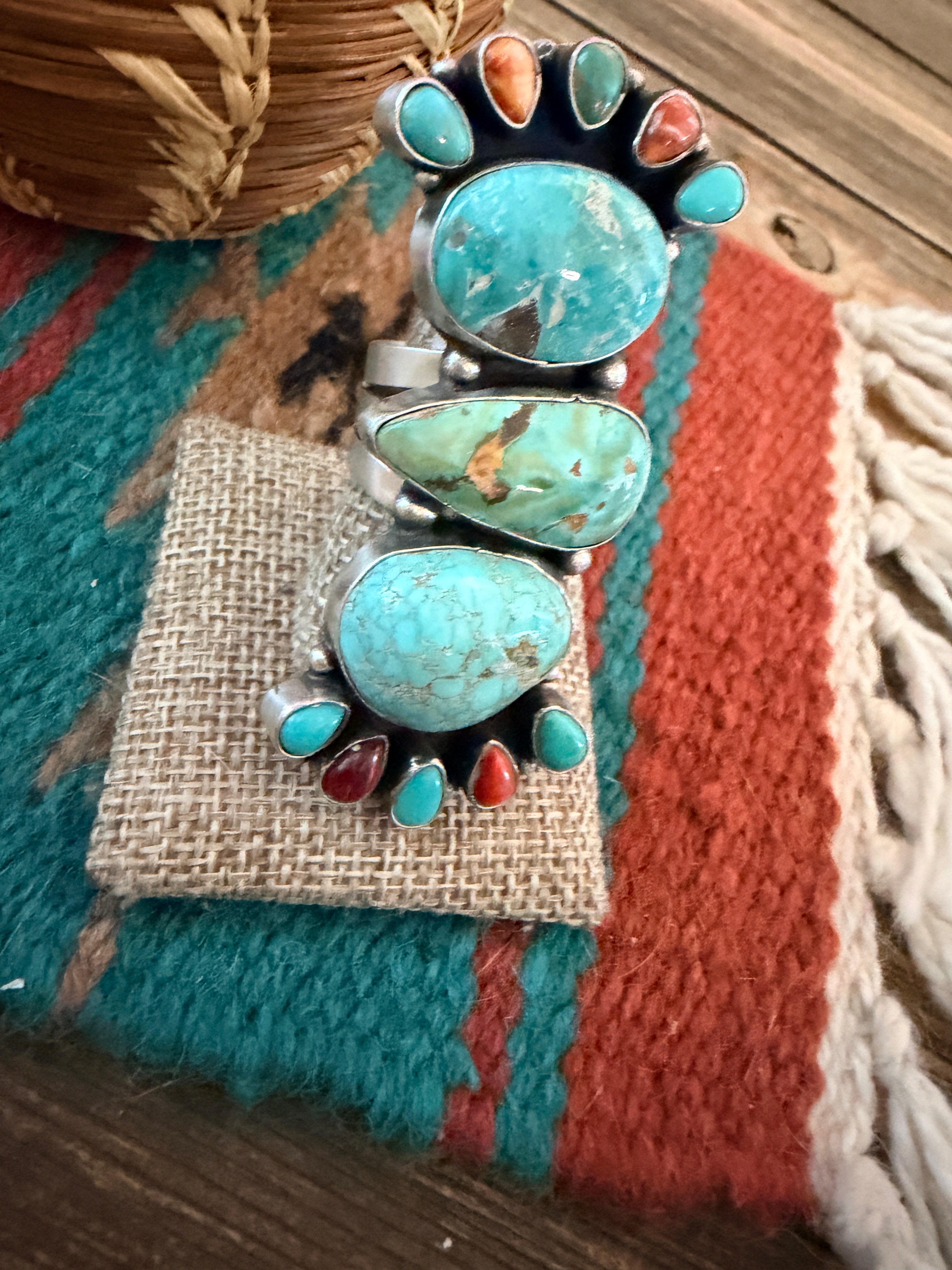 Handcrafted Spiny Oyster, Turquoise & Sterling Silver Cluster Ring by Sheila Becenti Size 9.5