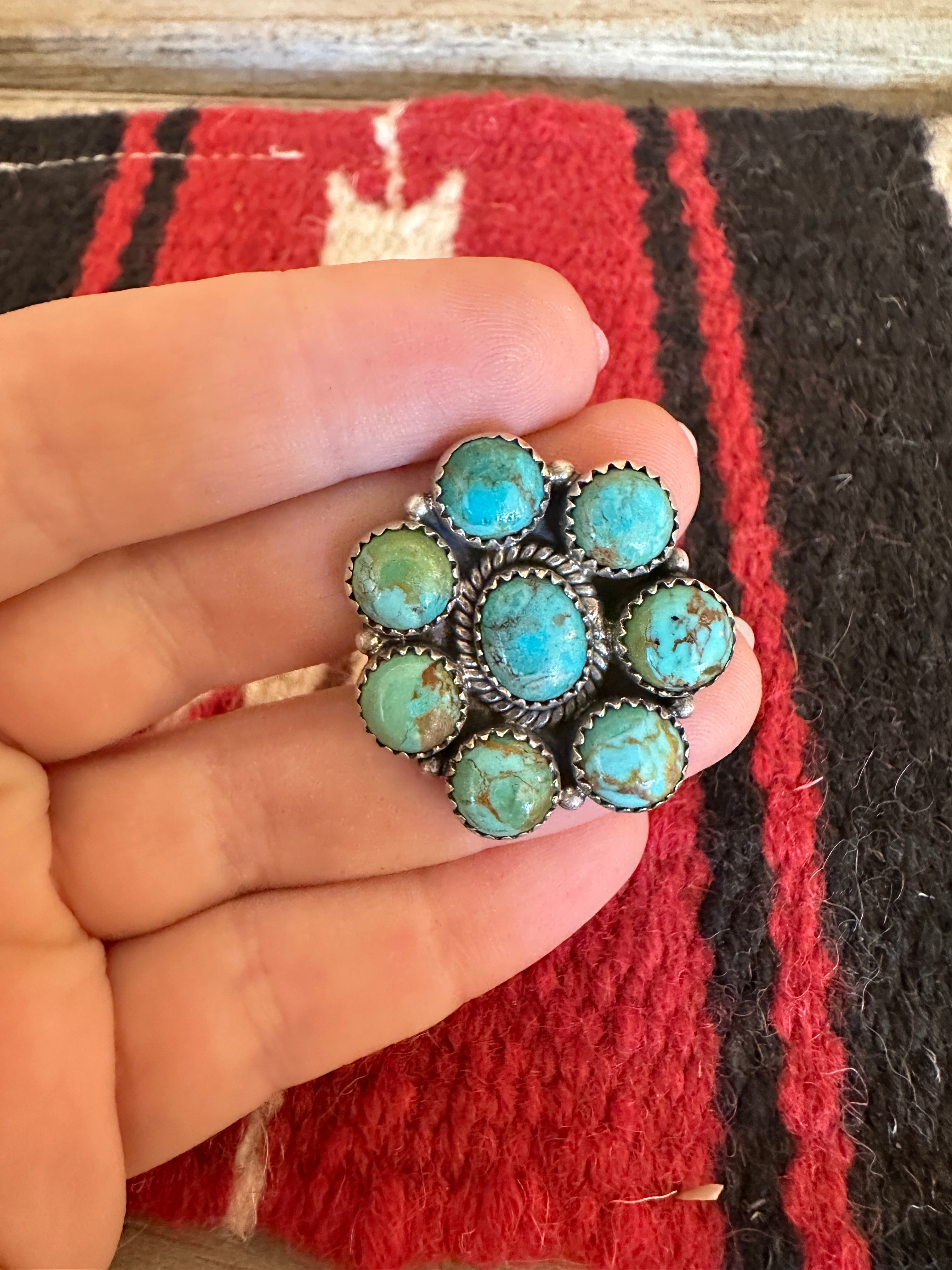 Beautiful Handmade Turquoise And Sterling Silver Adjustable Flower Ring