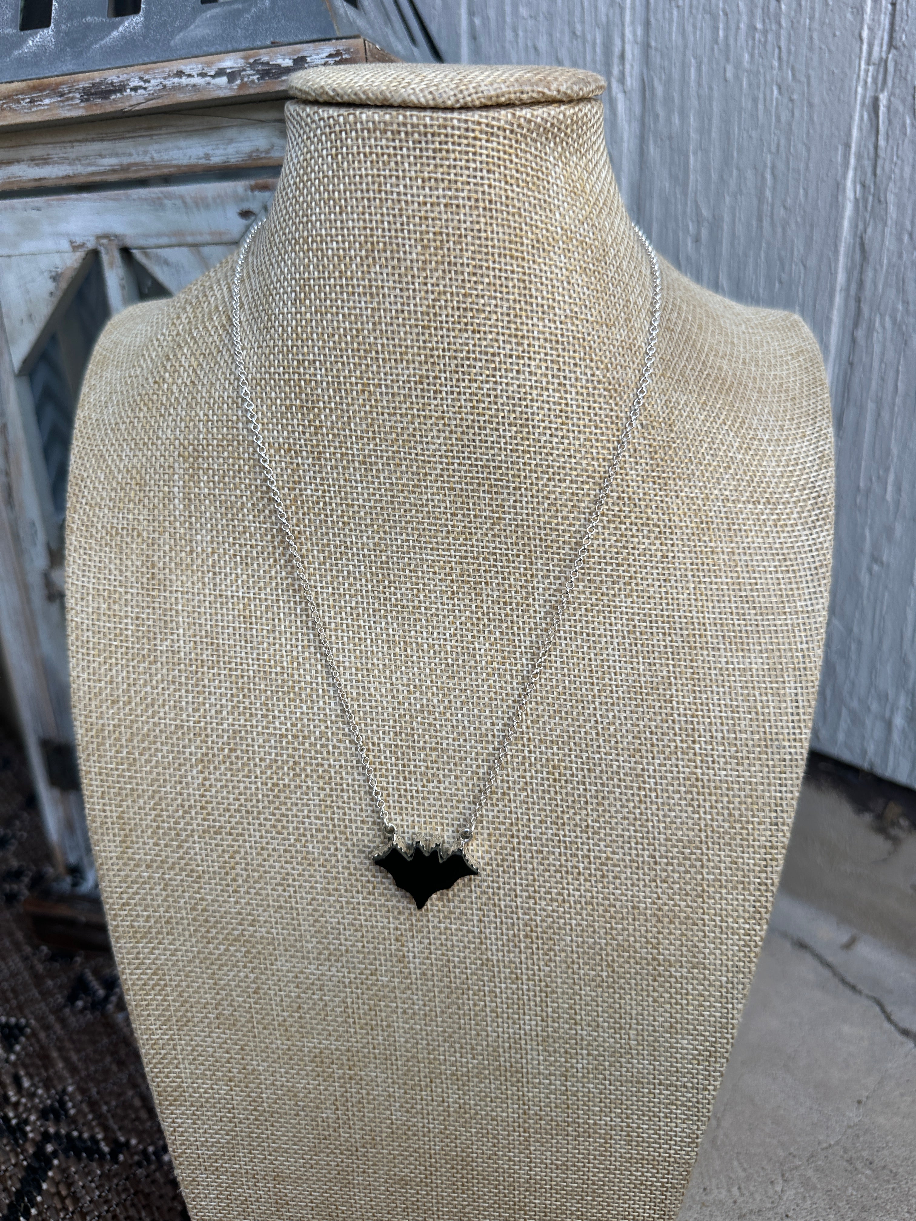 Beautiful Handmade Sterling Silver & Onyx Bat Necklace