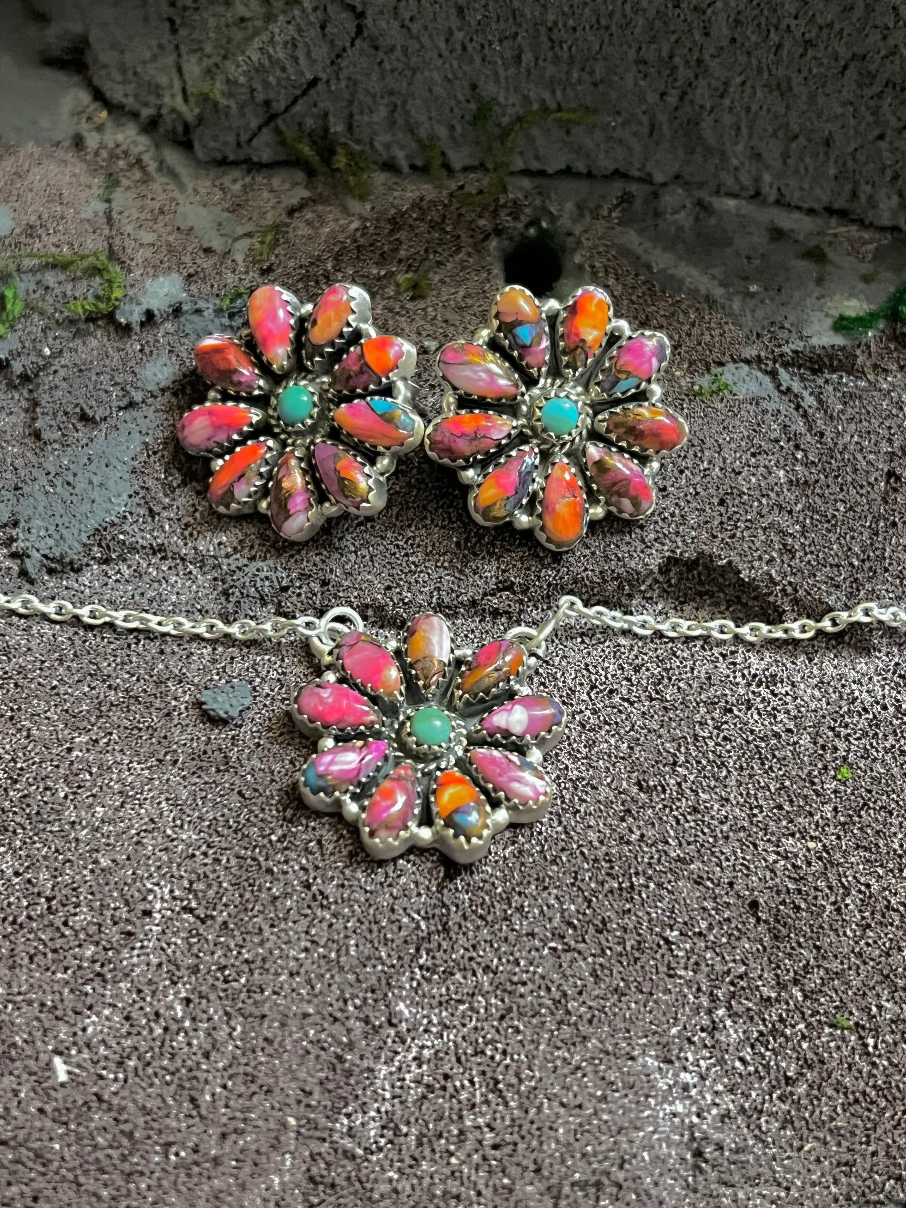 Handmade Sterling Silver Pink Dream Cluster Necklace & Earring Set