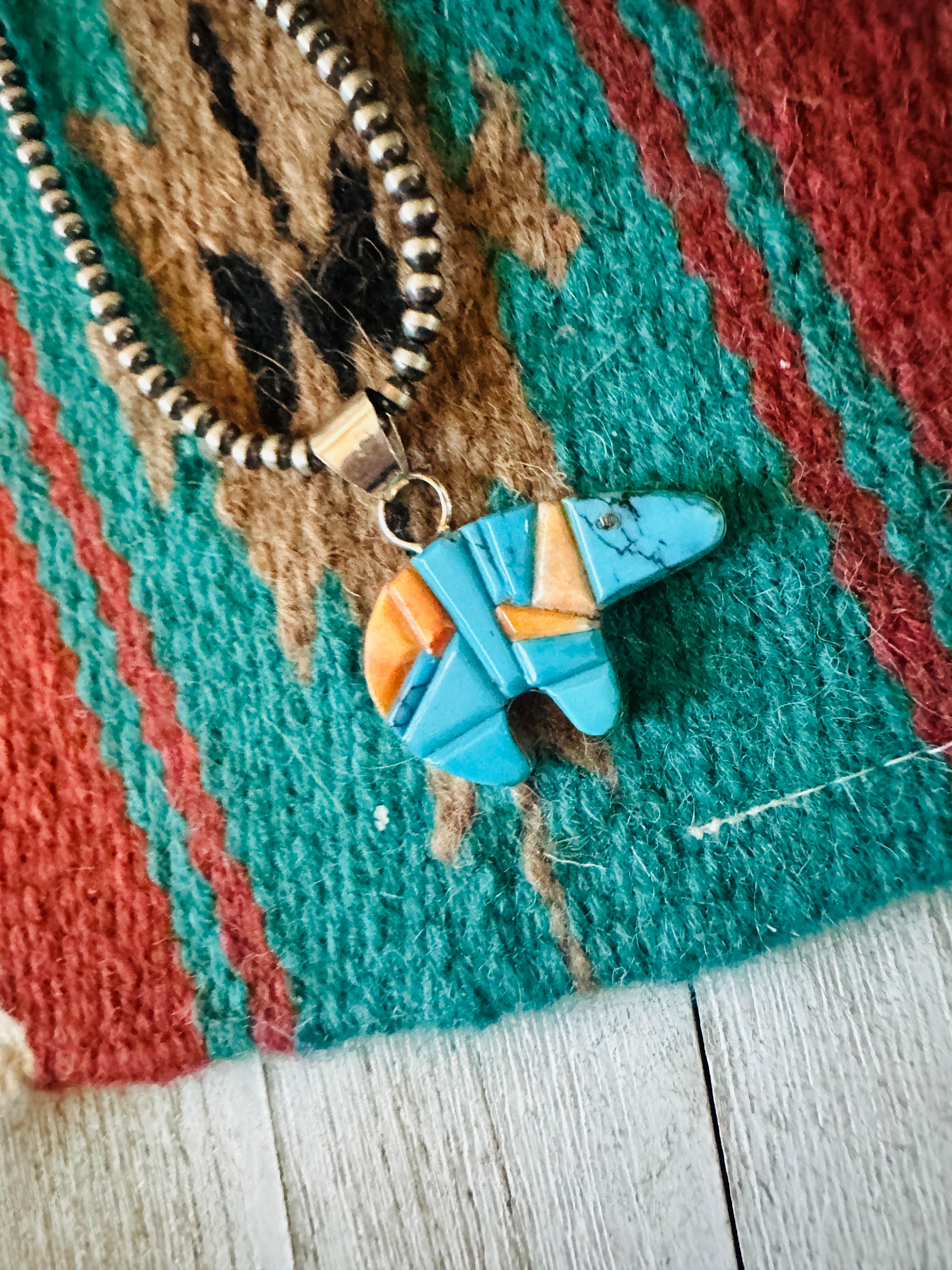 Navajo Turquoise, Spiny & Sterling Silver Inlay Fetish Bear Pendant