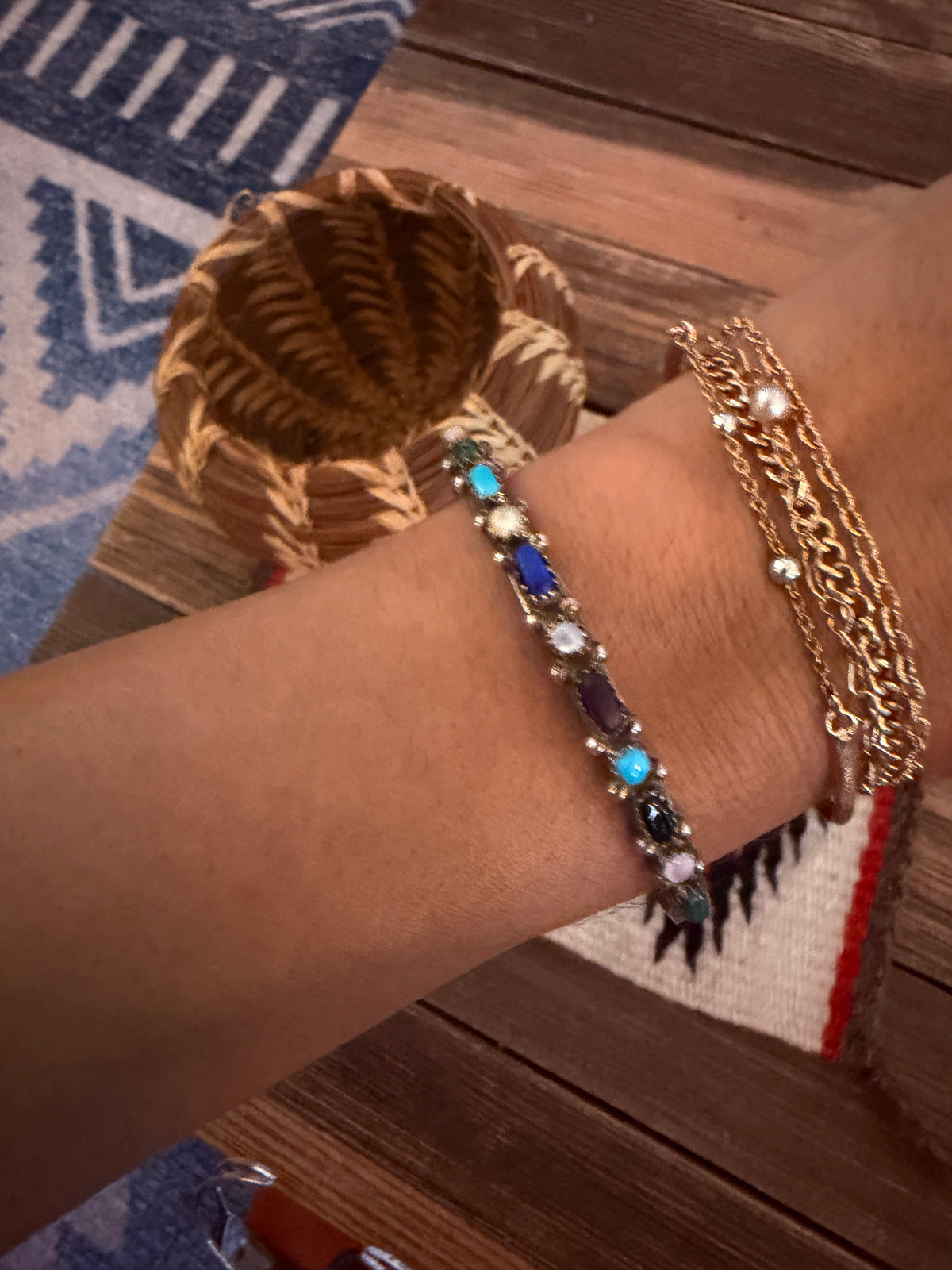 Handcrafted Old Pawn Sterling Silver & Multi Stone Cuff Bracelet