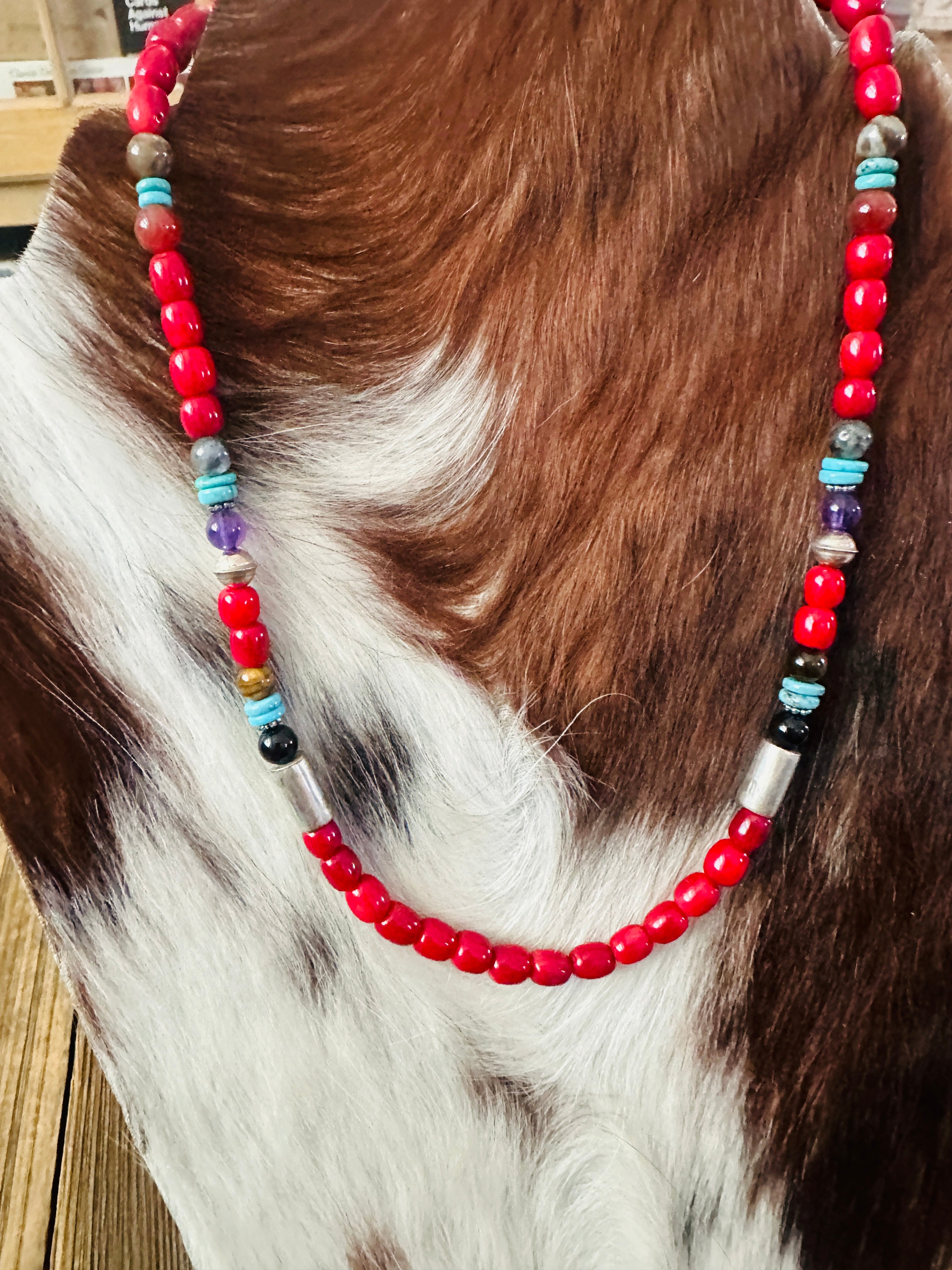 Handcrafted Multi Stone & Sterling Silver Beaded 18” Necklace by T & R Singer