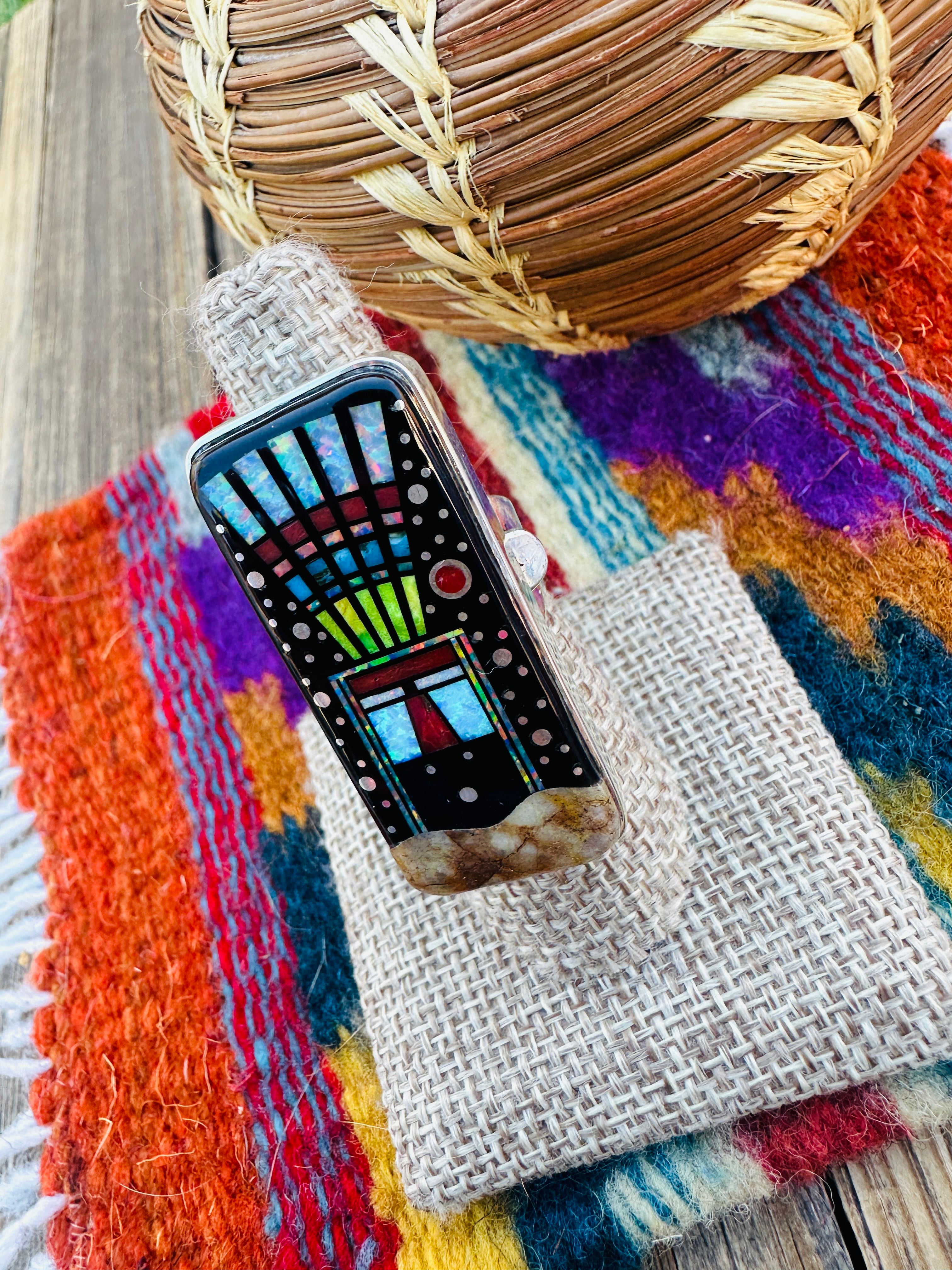 Handcrafted Multi Stone & Sterling Silver Inlay Adjustable Ring by Matthew Jack