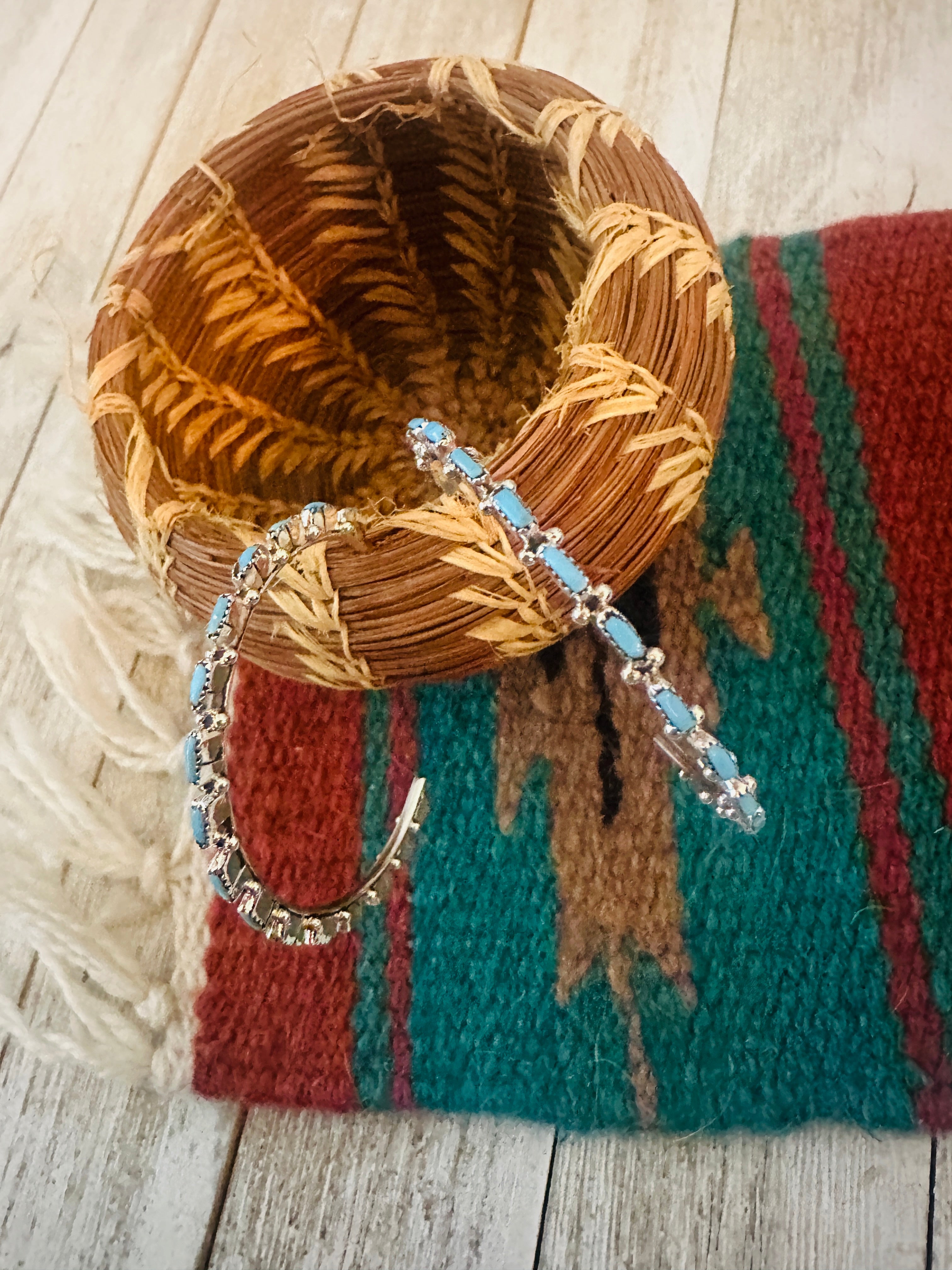 Handcrafted Turquoise & Sterling Silver Needlepoint Hoop Earrings