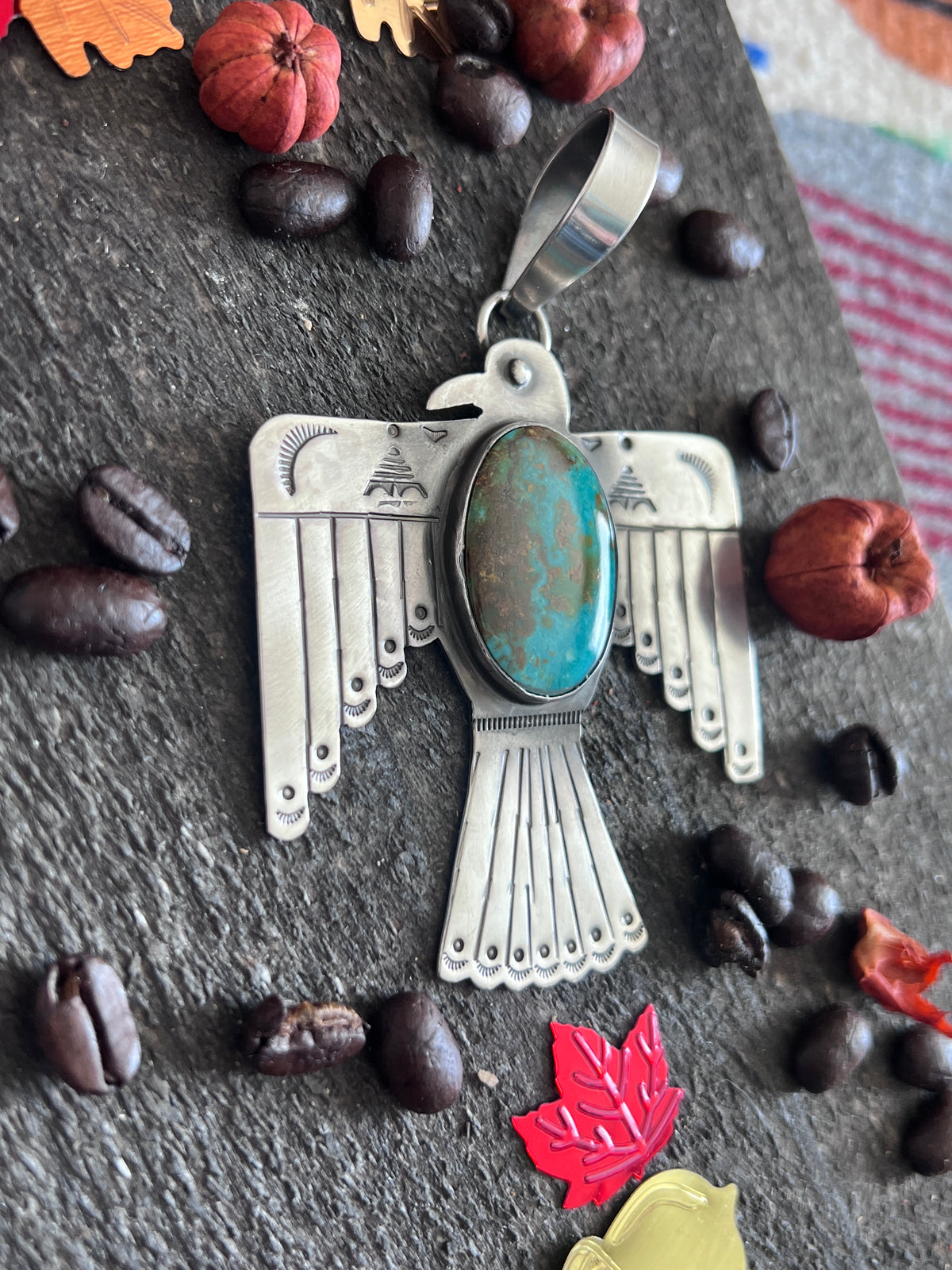 Kimari Somers Hand Stamped Sterling Silver & Royston Turquoise Thunderbird Pendant
