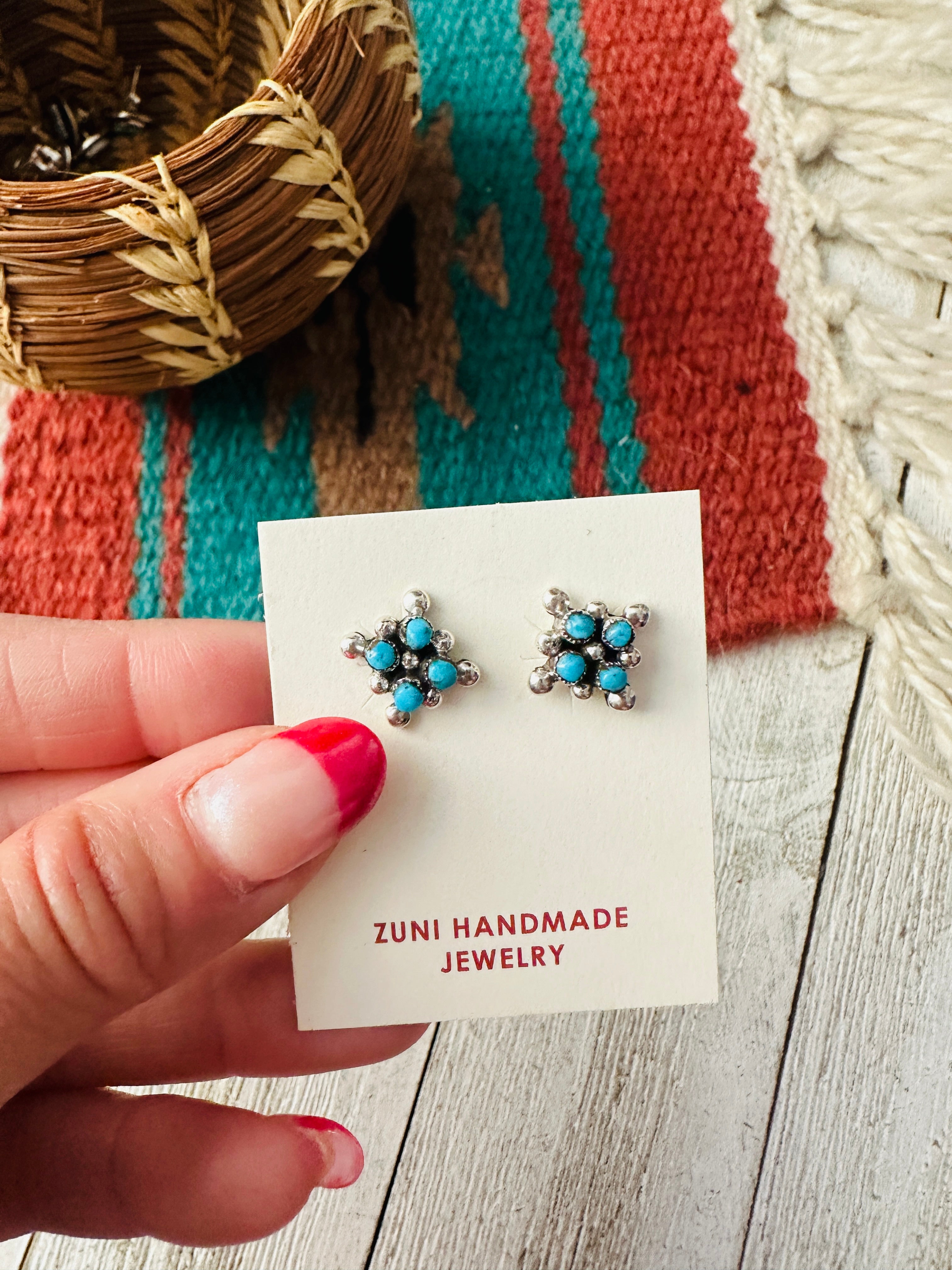 Zuni Sterling Silver & Turquoise Petit Point Stud Earrings
