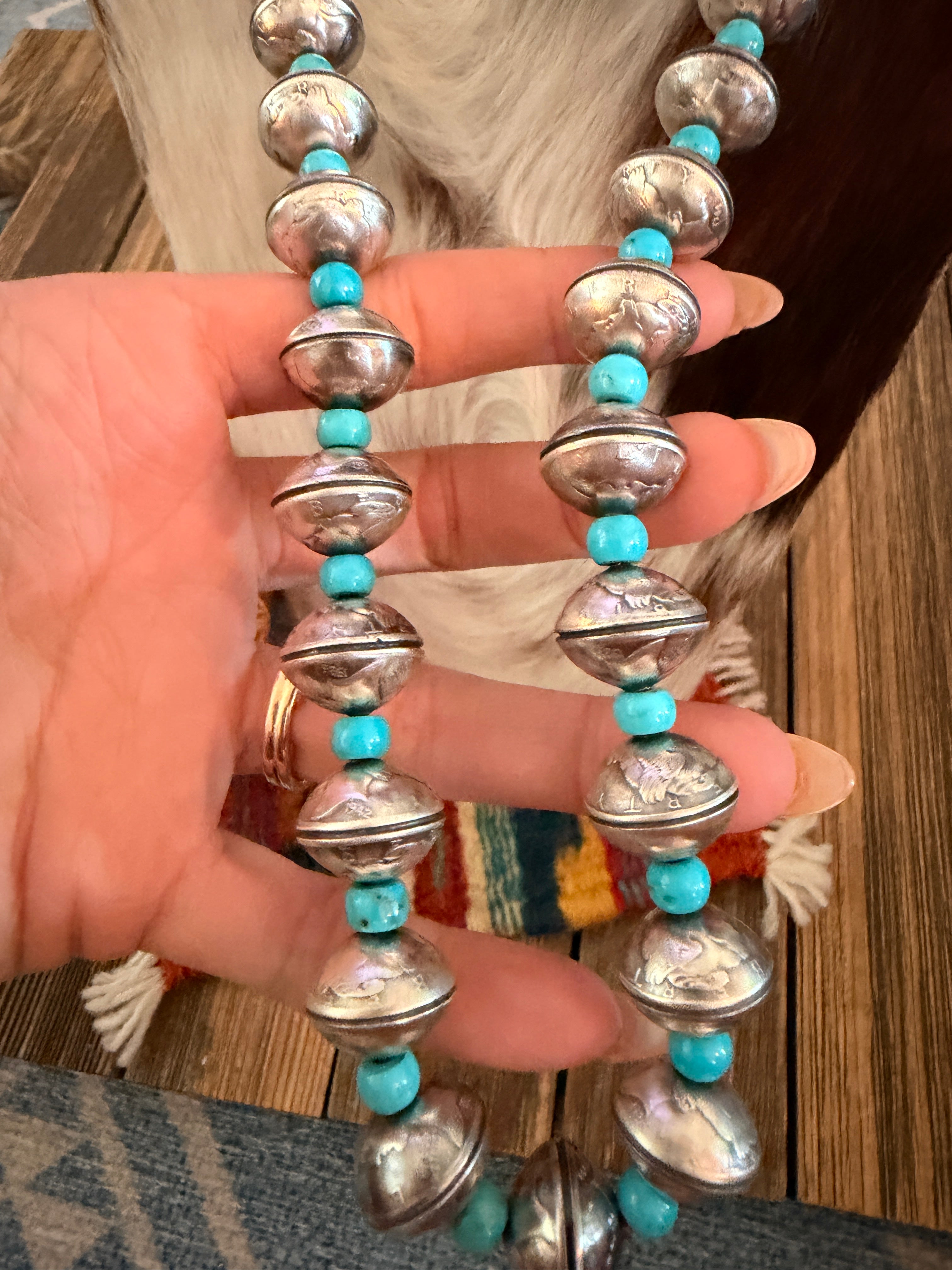 Handcrafted Turquoise & Sterling Silver Liberty Dime Beaded Necklace by James McCabe