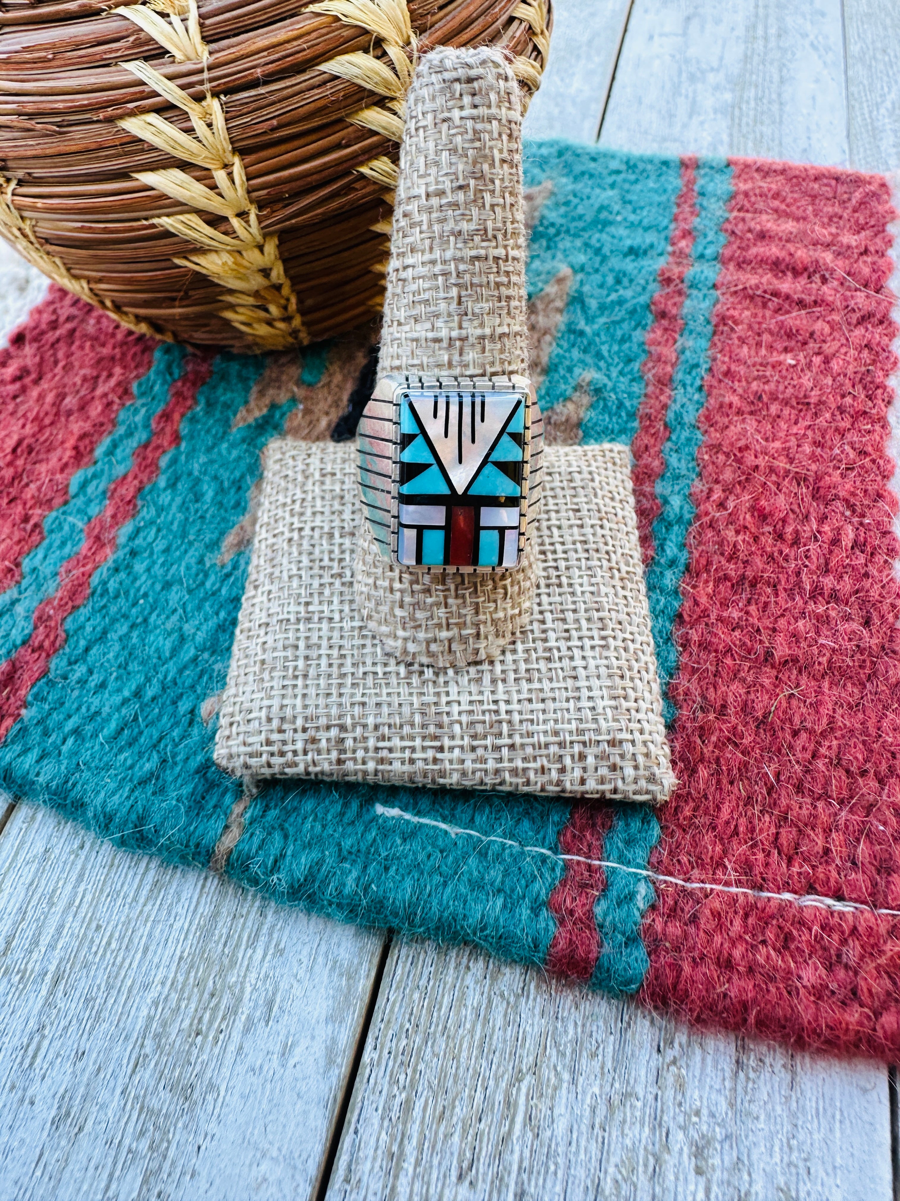 Handcrafted Multi Stone & Sterling Silver Inlay Ring Size 10.75